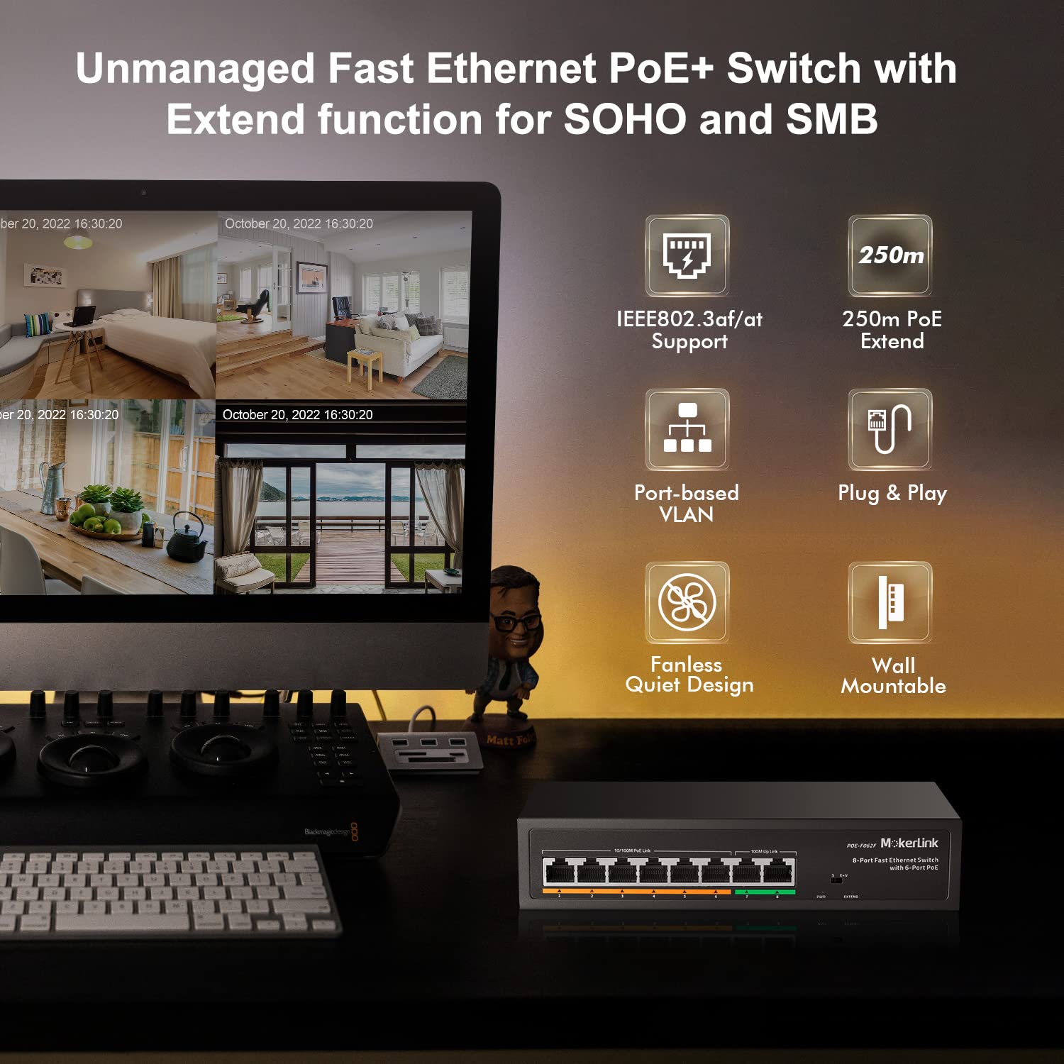 Mokerlink 8 Port Poe Switch With 6 Poe+ Port, 2 Uplink, 100Mbps, 78W Ai Detection Ieee802.3Af/At, Fanless Metal Plug & Play Netw