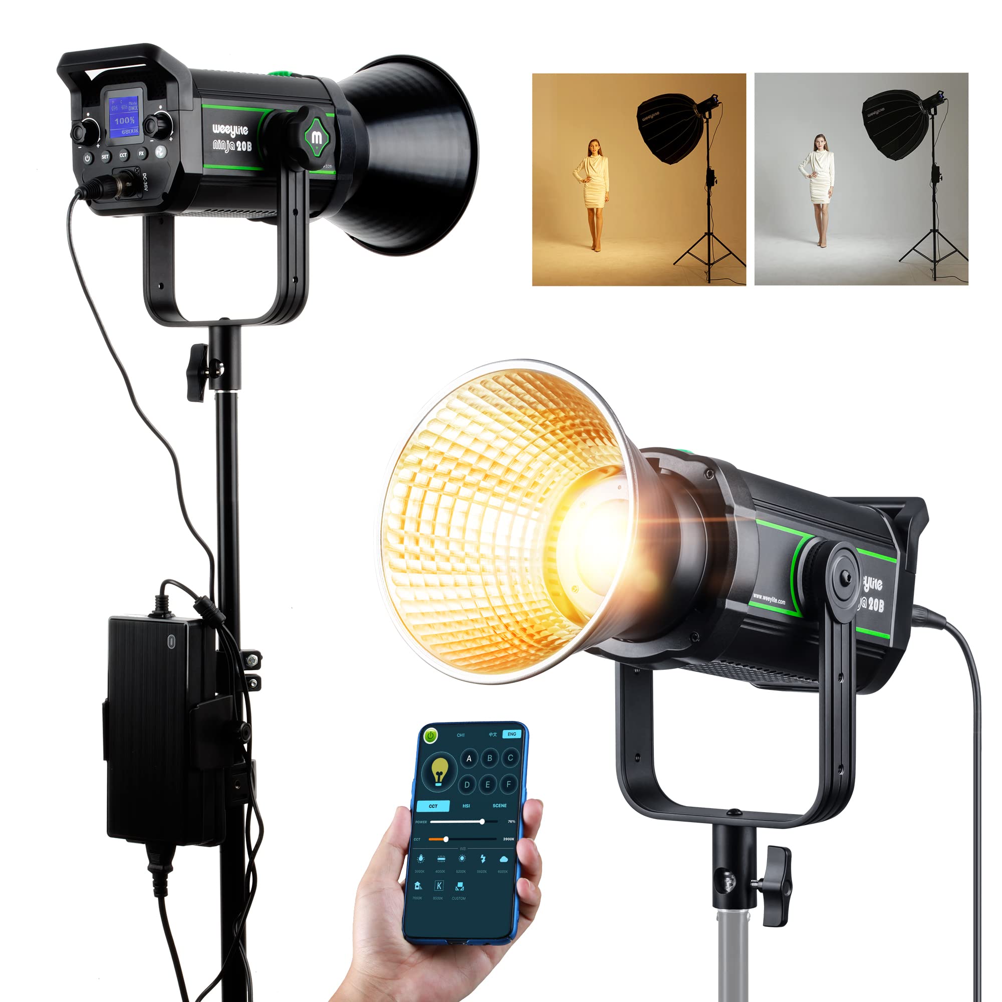 200W 22000Lm Bi Color Bowens Mount Led Photography Lighting, 79000Lux@1M App Control Film Lighting 2800K 6800K Professional Stud