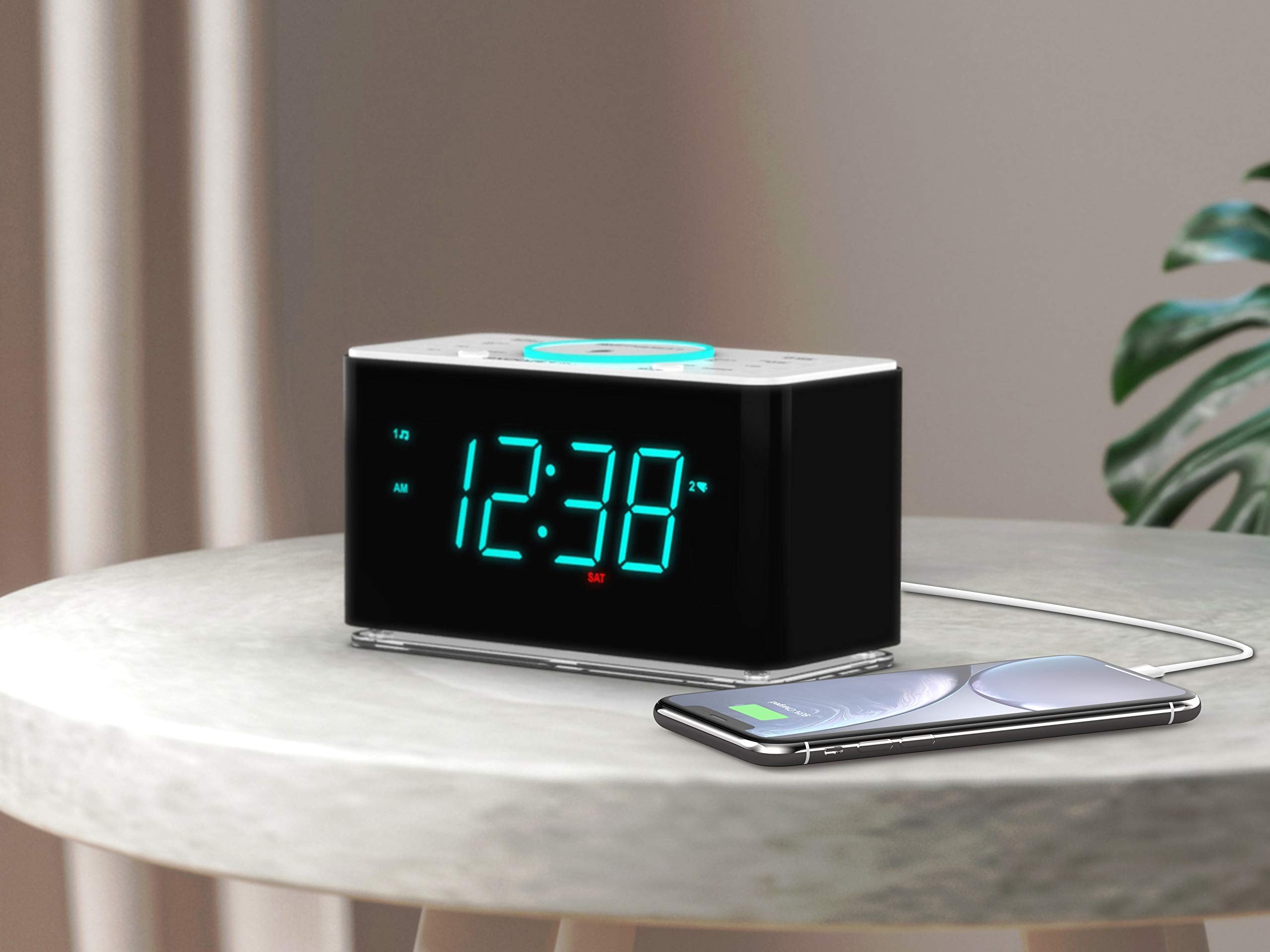 Emerson Er100401 Smartset 15Watt Ultra Fast Wireless Charging Dual Alarm Clock Radio With Bluetooth Speaker, Usb Charger, Cyan L