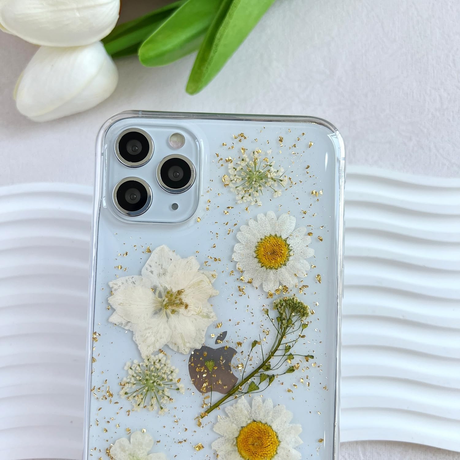 Lseeka For Iphone 11 Pro Clear Case With Pressed Real Flowers Design,Glitter Cute White Floral Pattern Slim Soft Tpu Protective