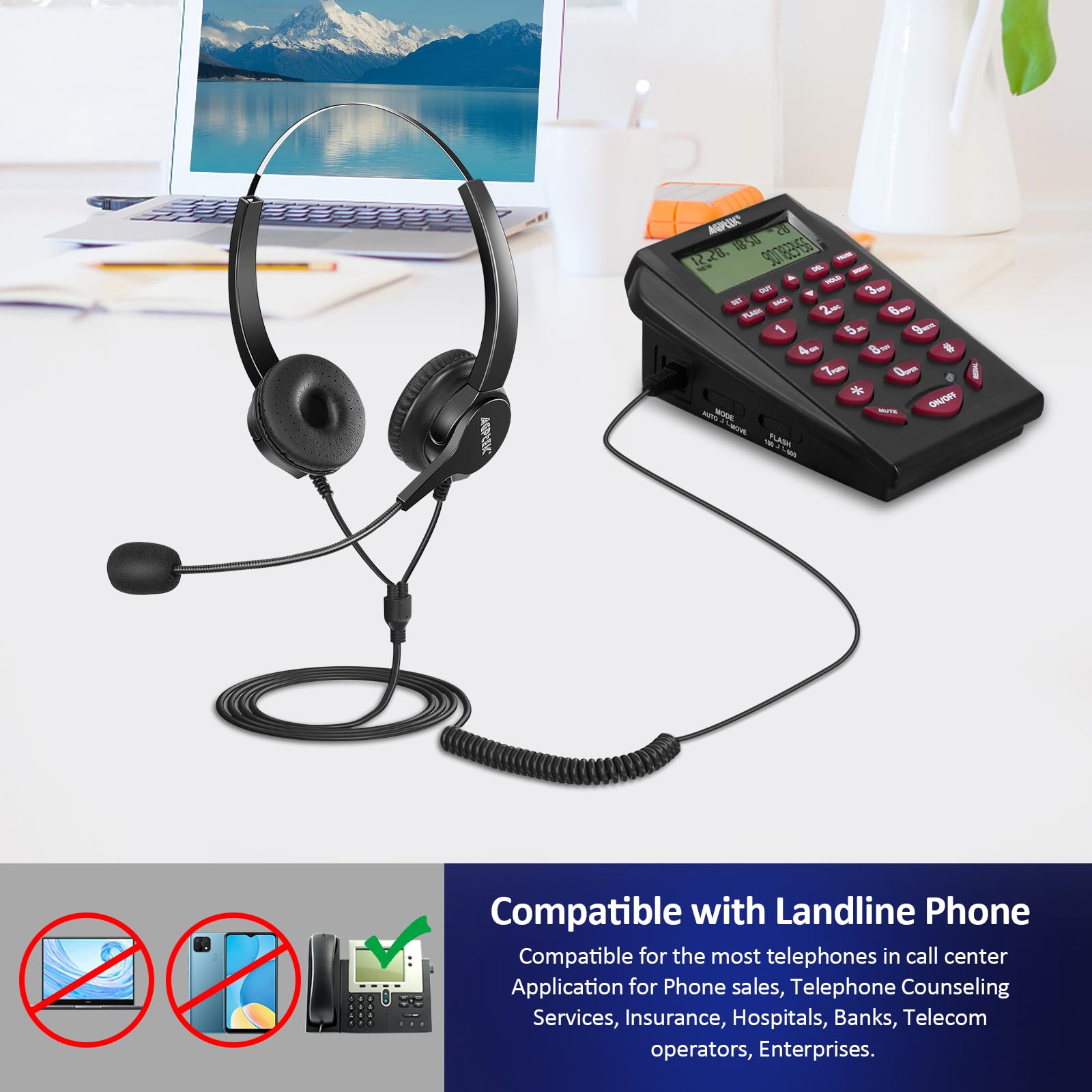 Agptek Upgraded Call Center Phone, Corded Telephone With Binaural Headset & Dialpad For House Call Center Office   Noise Cancell