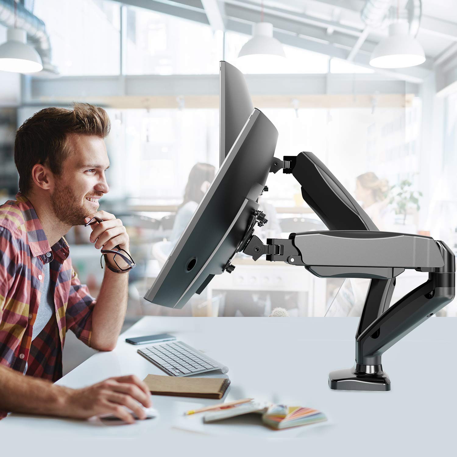 WALI Dual Monitor Stand, Adjustable Gas Spring Mount for 2 Monitors up to 32, C Clamp & Grommet Base, Black, Dual Arms, 19.8lbs (GSMP