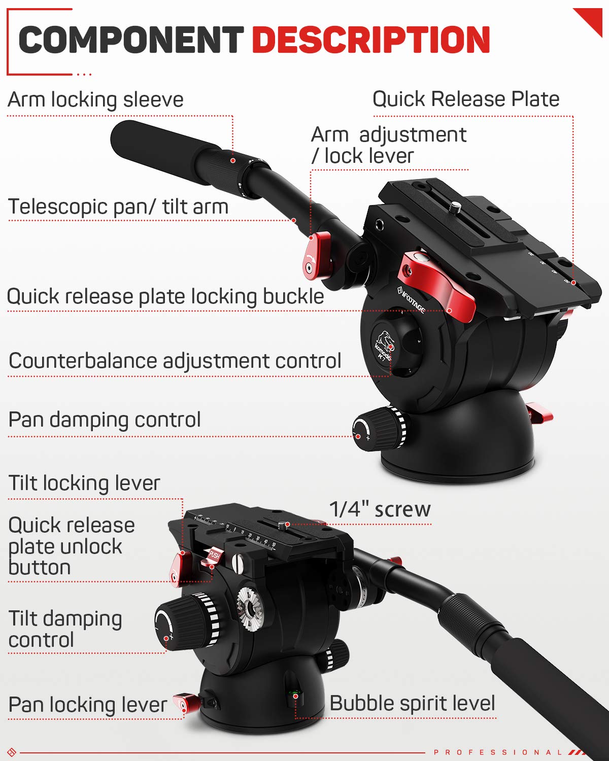 Ifootage Video Camera Tripod Fluid Drag Pan Head With 1/4'' And 3/8'' Screws Sliding Quick Release Plate For Canon Nikon Sony Ds