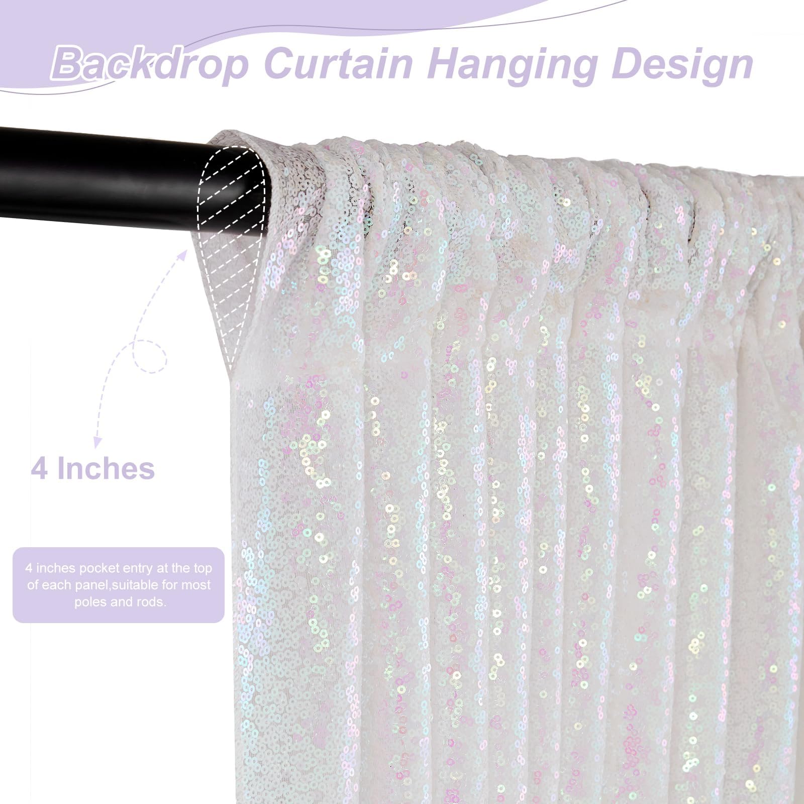 Soardream White Iridescent Sequin Backdrop Curtains 6 Pieces 2Ft X 8Ft Sequin Fabric Backdrop Glitter Drapes Baby Shower Backgro