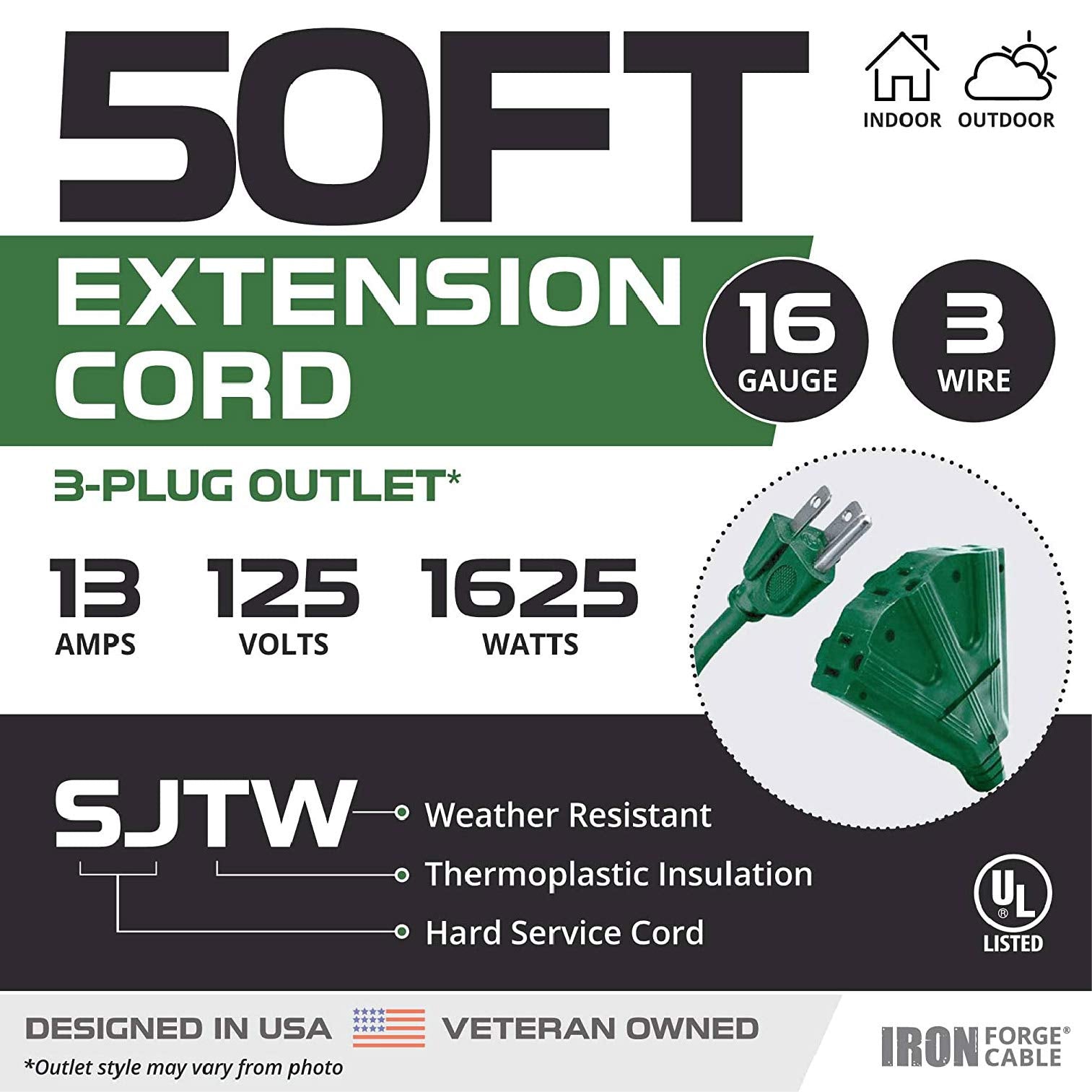 Iron Forge Cable 3 Outlet Outdoor Extension Cord 50 Ft, 2 Pack, 16/3 Heavy Duty Green Extension Cord With Multiple Outlets 3 Pro