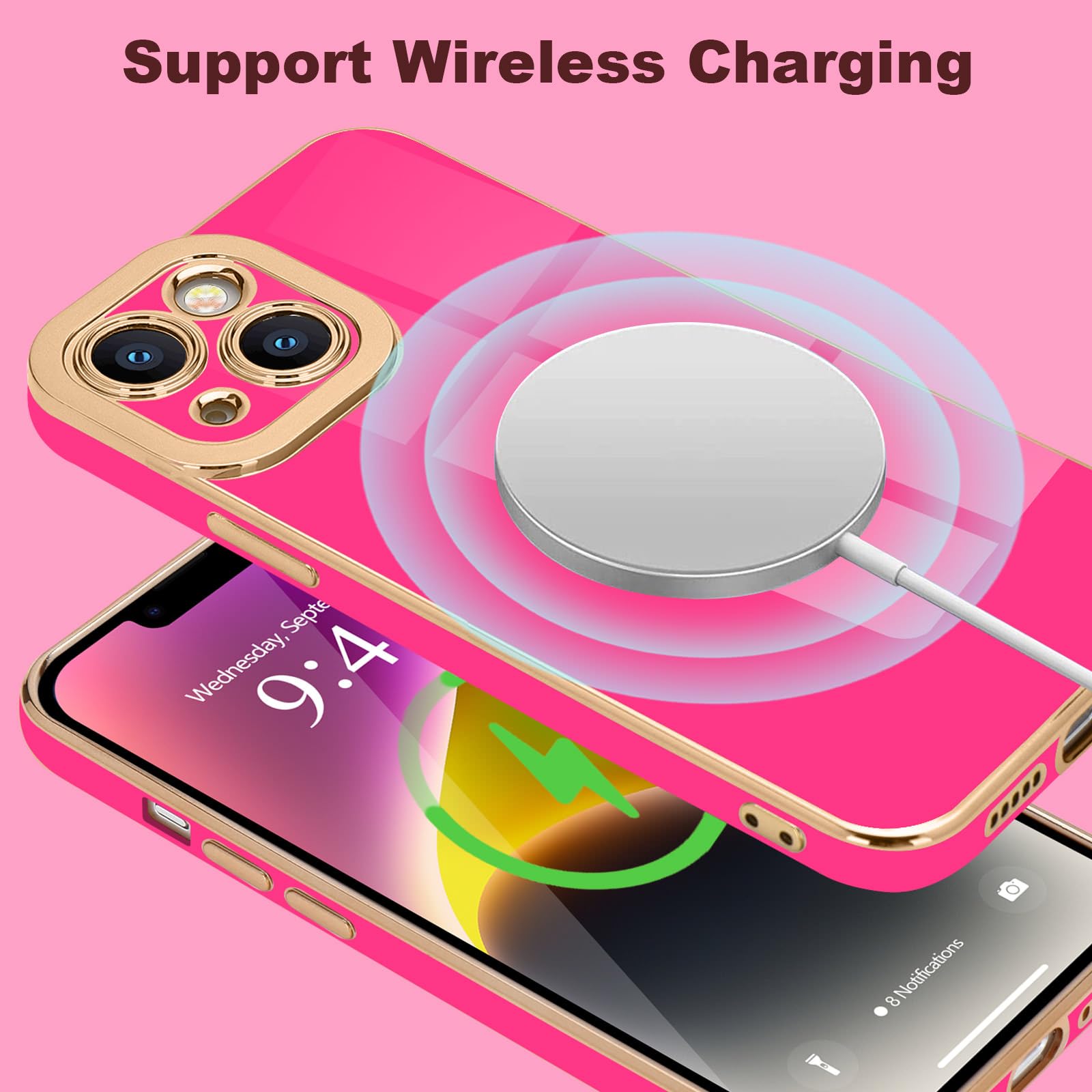 Lafunda For Iphone 14 Case Cute, Luxury Golden Edge Electroplated Case For Women Girls Soft Silicone Tpu Bumper Cover Full Camer