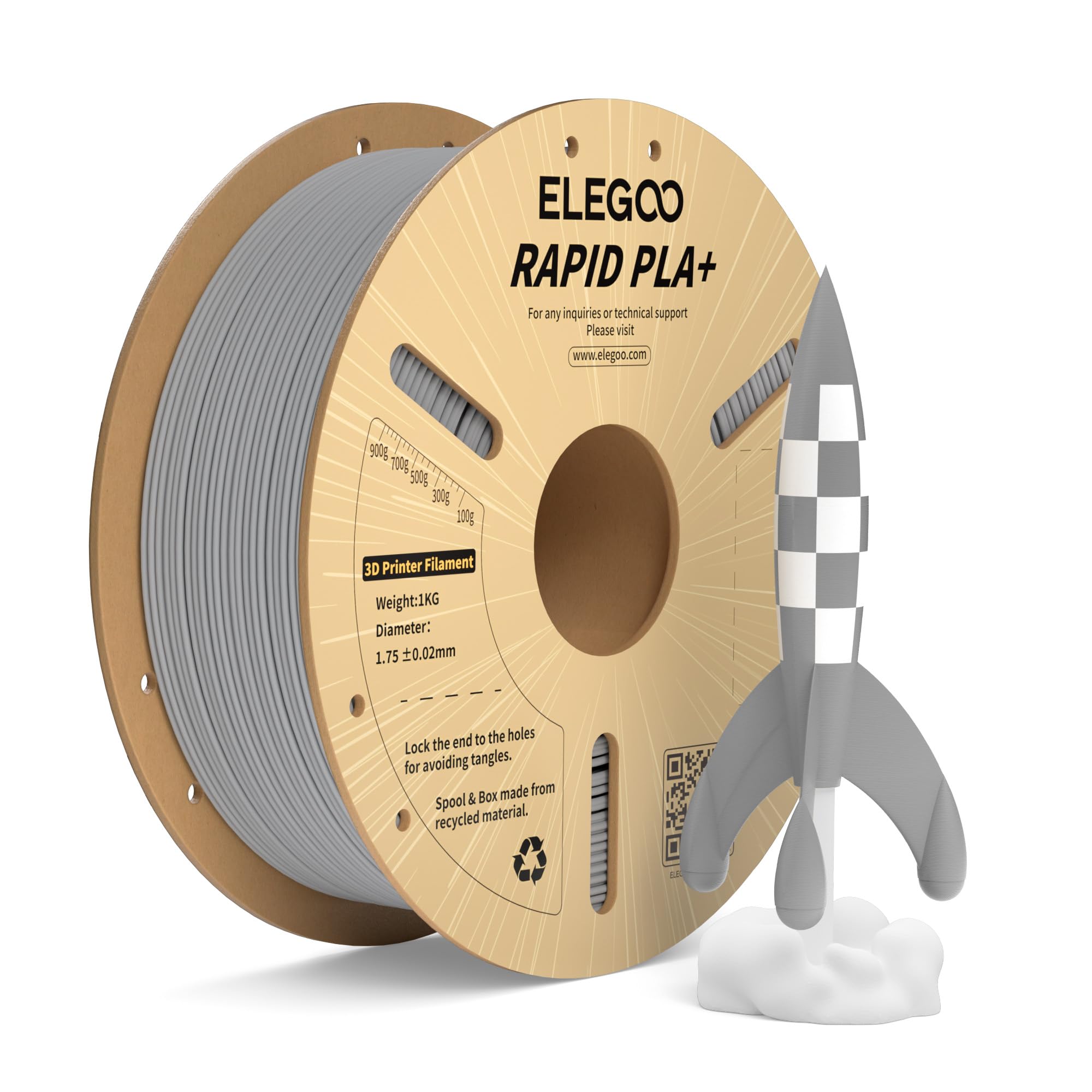ELEGOO Rapid PLA Plus Filament 1.75mm Gray 1KG, PLA+ 3D Printer Filament for 600 mm/s High Speed Printing, Dimensional Accuracy 