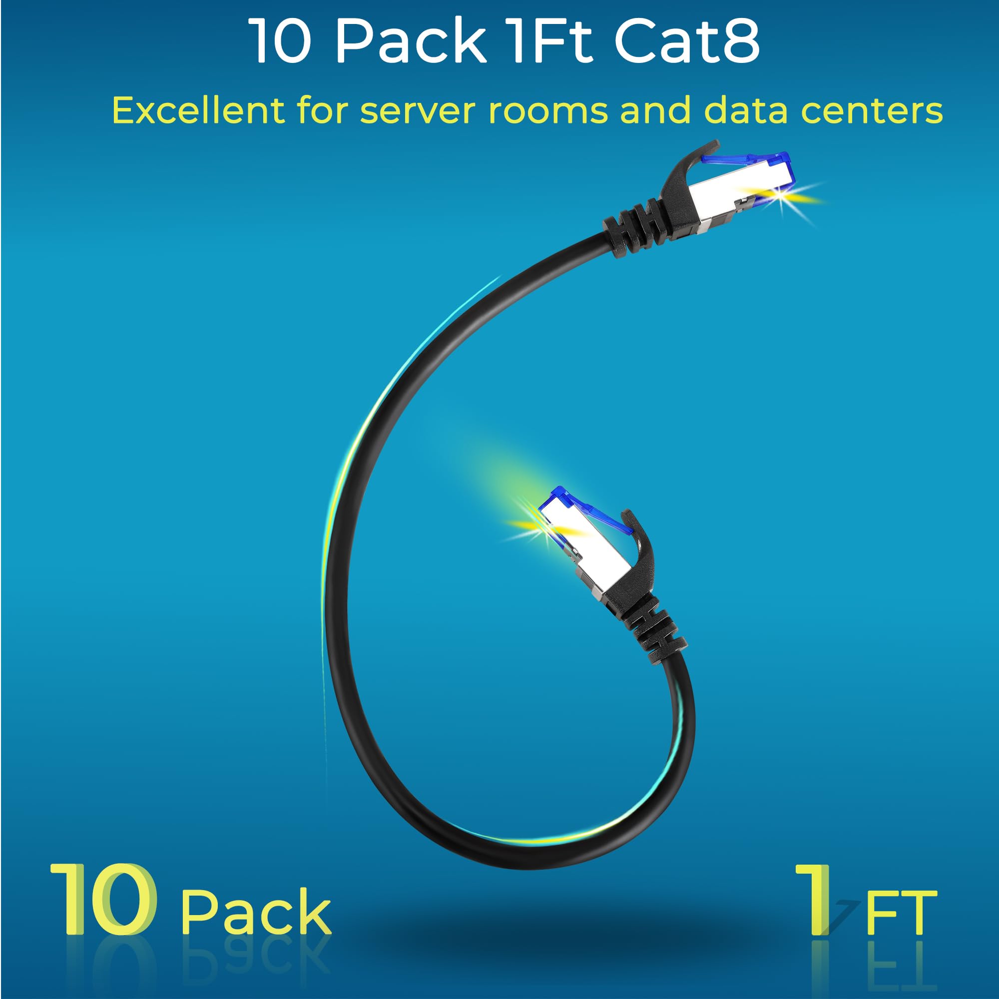 Rapink Patch Cables Cat8 1Ft 10 Pack Slim, Cat8 Ethernet Patch Cable 40G Support, Snagless Cat 8 Patch Cable For Patch Panel To Switch, Flexiable Cat 8 Ethernet Cable Datacenter With Gold Plated
