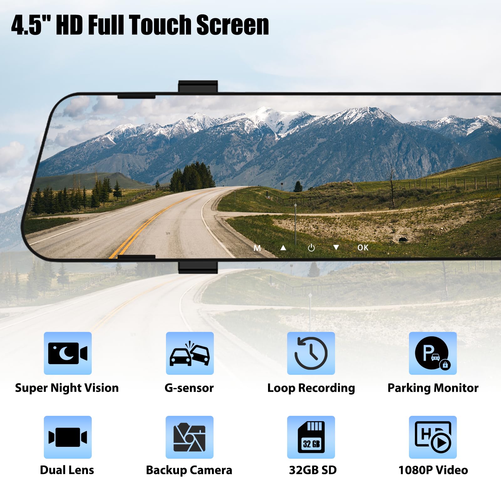 Mirror Dash Cam For Cars,4.5' Rear View Mirror 1080P Front And Rear View Dual Cameras,Super Night Vision,Parking Assistance,G Sensor,24H Parking Monitor, Waterproof Backup Camera Free 32Gb Card