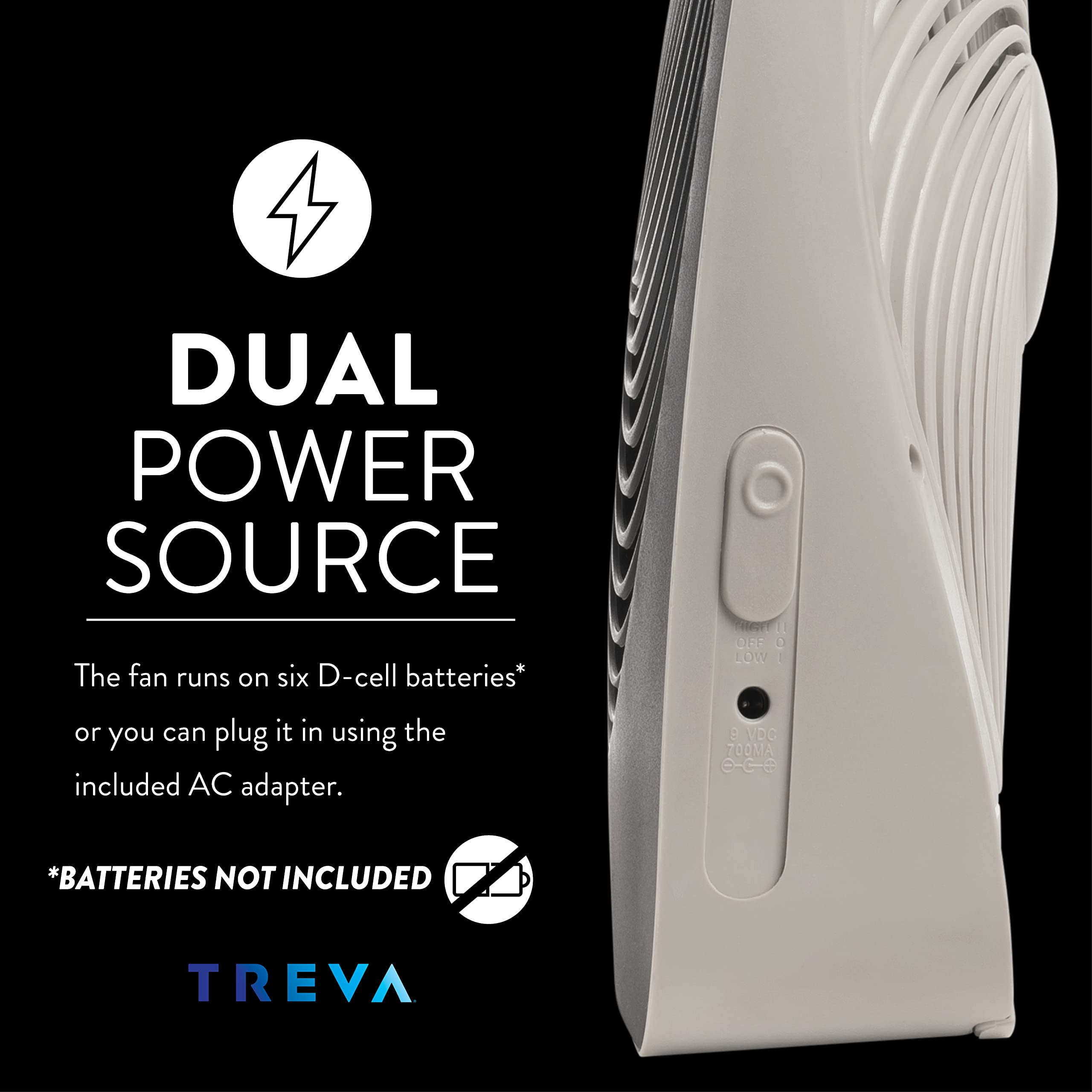 Treva 10-Inch Portable Desk Battery Fan, Powered By Battery And/Or Ac Adapter - Air Circulating With 2 Cooling Speeds, With Buil