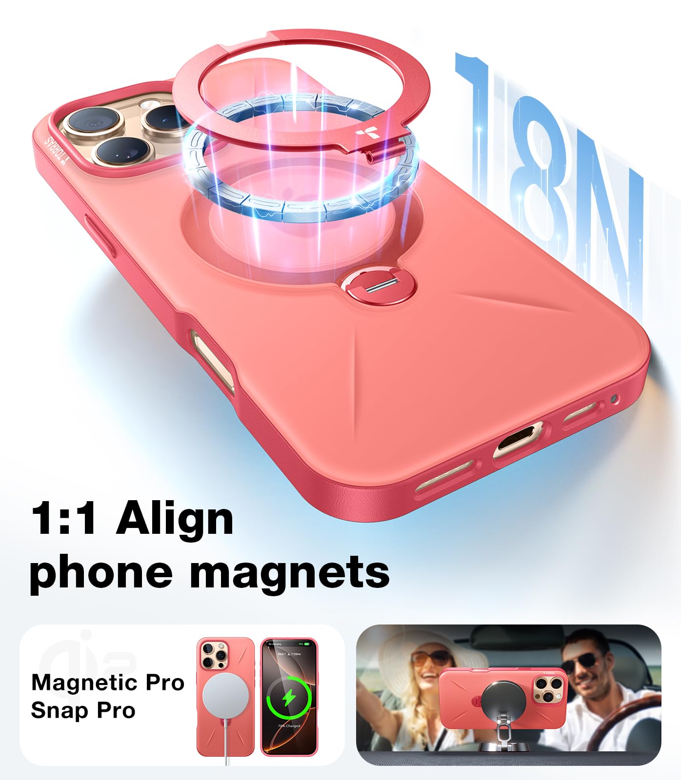 Torras Upgraded 360Spin Magnetic Stand For Iphone 16 Pro Case, Fit For Magsafe, Built In Kickstand & Ring Holder, Mil Grade Prot