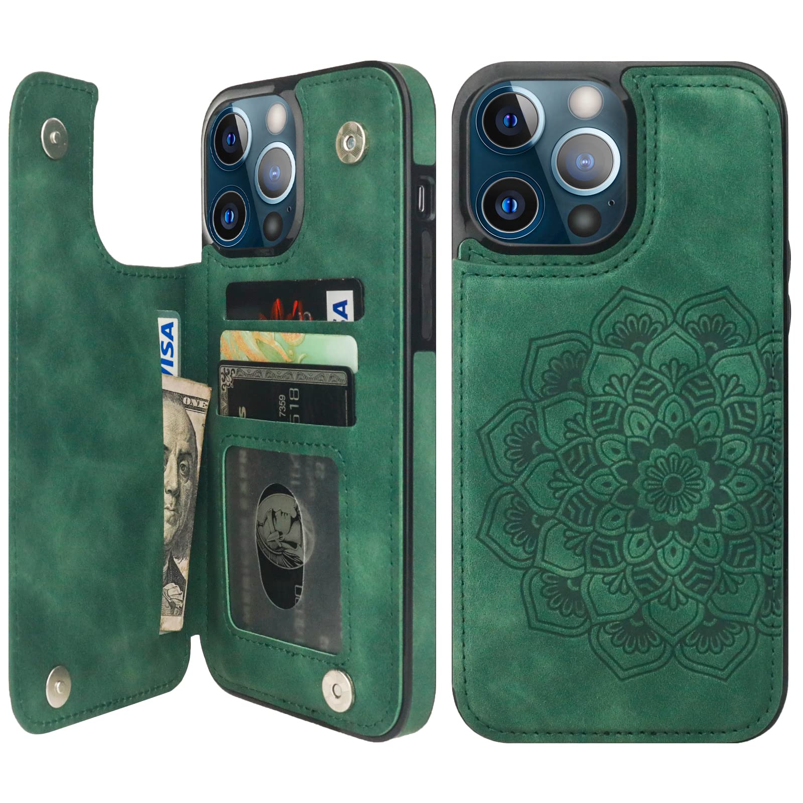 Vaburs Compatible With Iphone 13 Pro Max Case Wallet With Card Holder, Embossed Mandala Pattern   Flower Pu Leather Double Butto