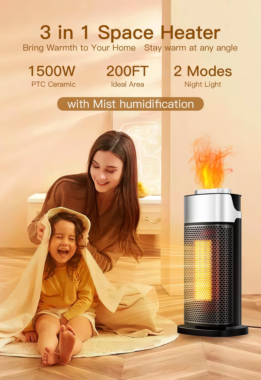Space Heaters For Indoor Use, Staholz 3 In 1 Electric Heater With Humidifier With 3D Flame Ambient Light, 1500W Portable Heater