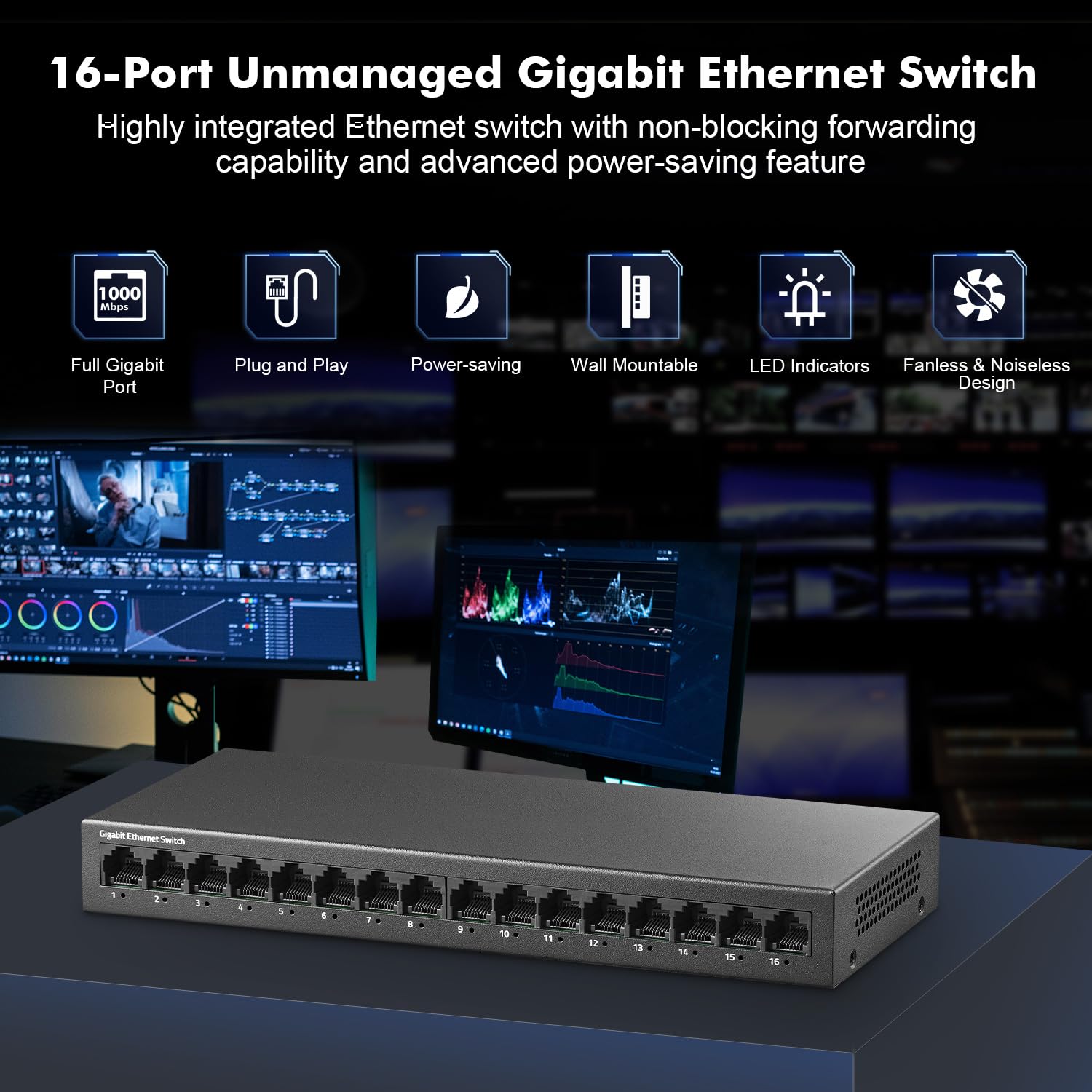 Mokerlink 16 Port Gigabit Ethernet Switch, Fanless Metal Unmanaged Plug And Play Network Switch