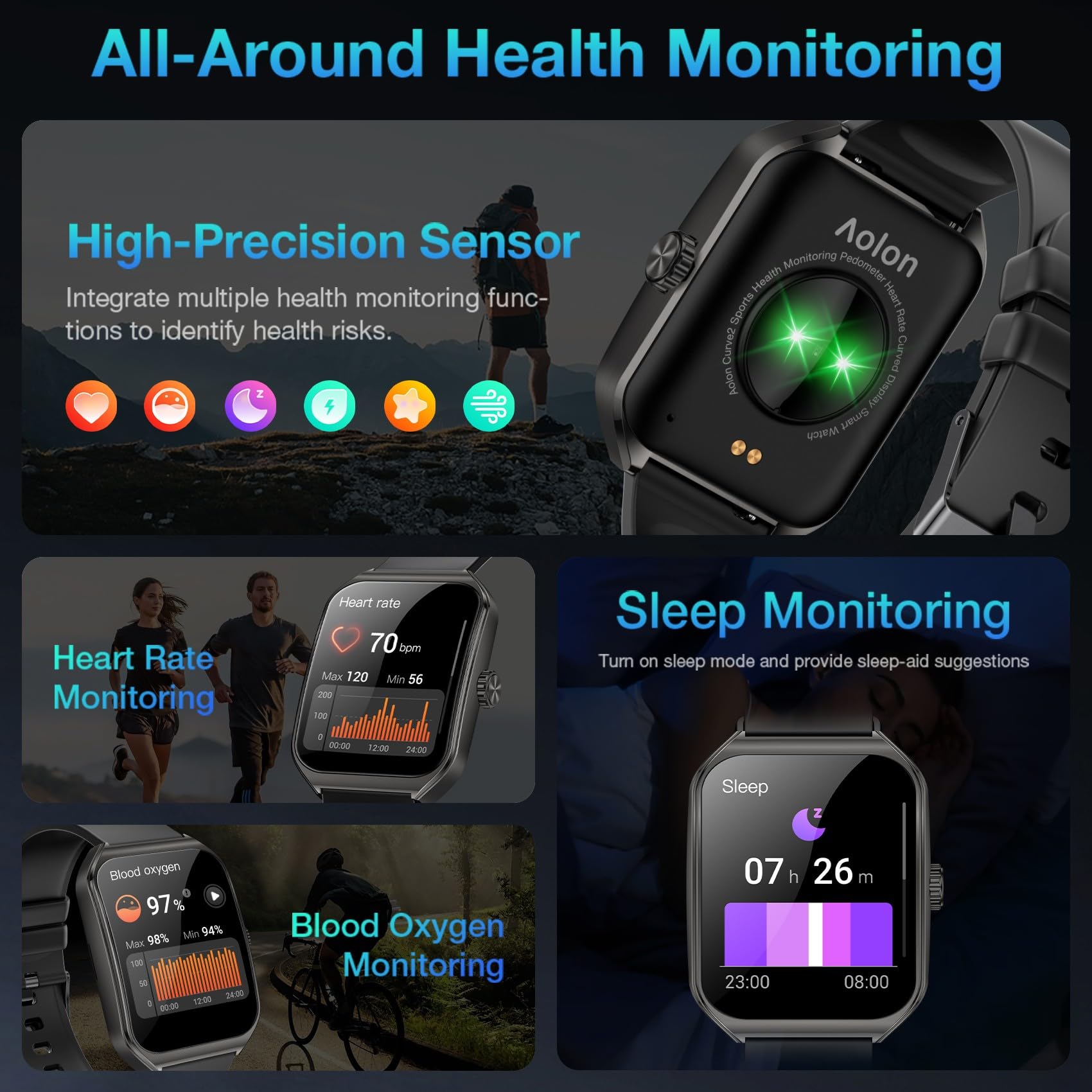 Aolon Curve Smart Watch For Men Women, 1.83'' Hd Smartwatch With Black Aluminium Case Black Band (Answer/Make Call), 120+ Sport