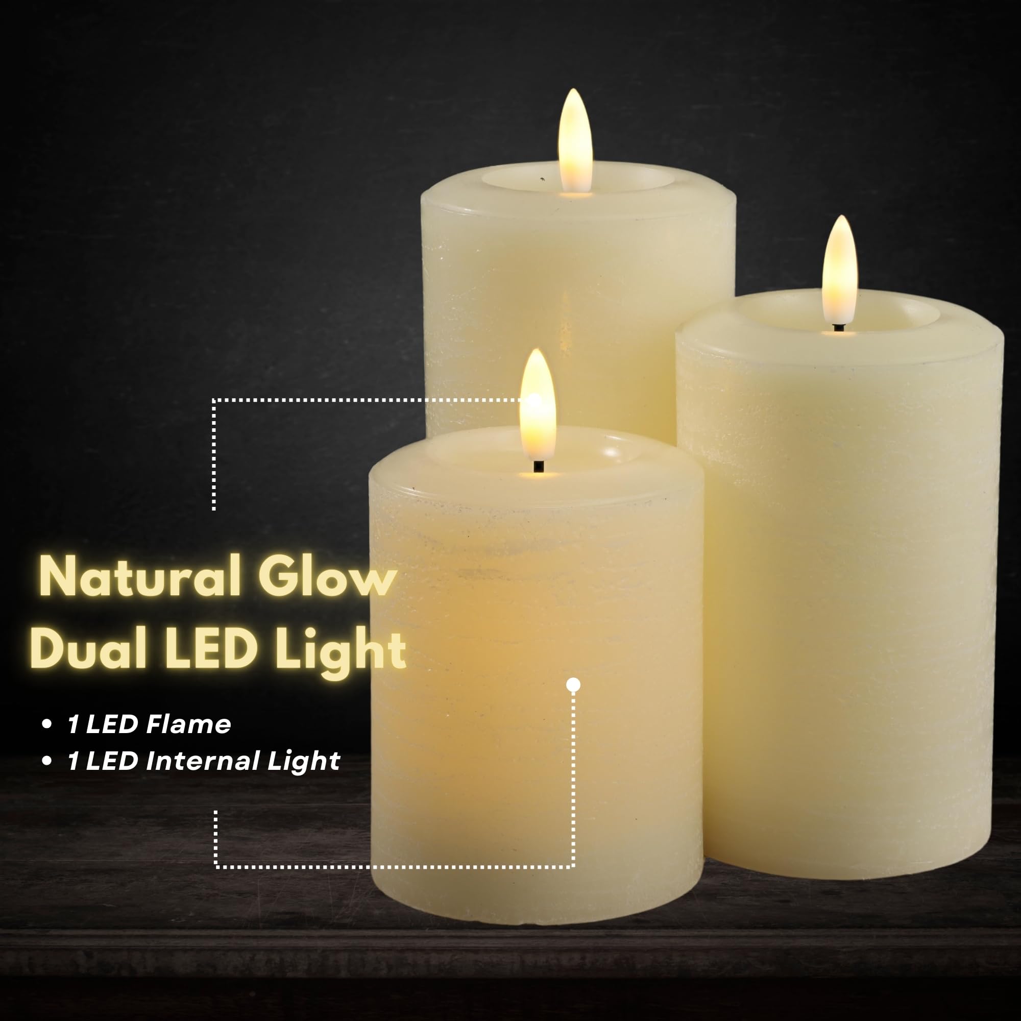 Lumipur Essentials Natural Glow Flameless Flickering Wax Pillar 3 Pack Led Candles (3'' X 4'' 5'' & 6'') Linen White