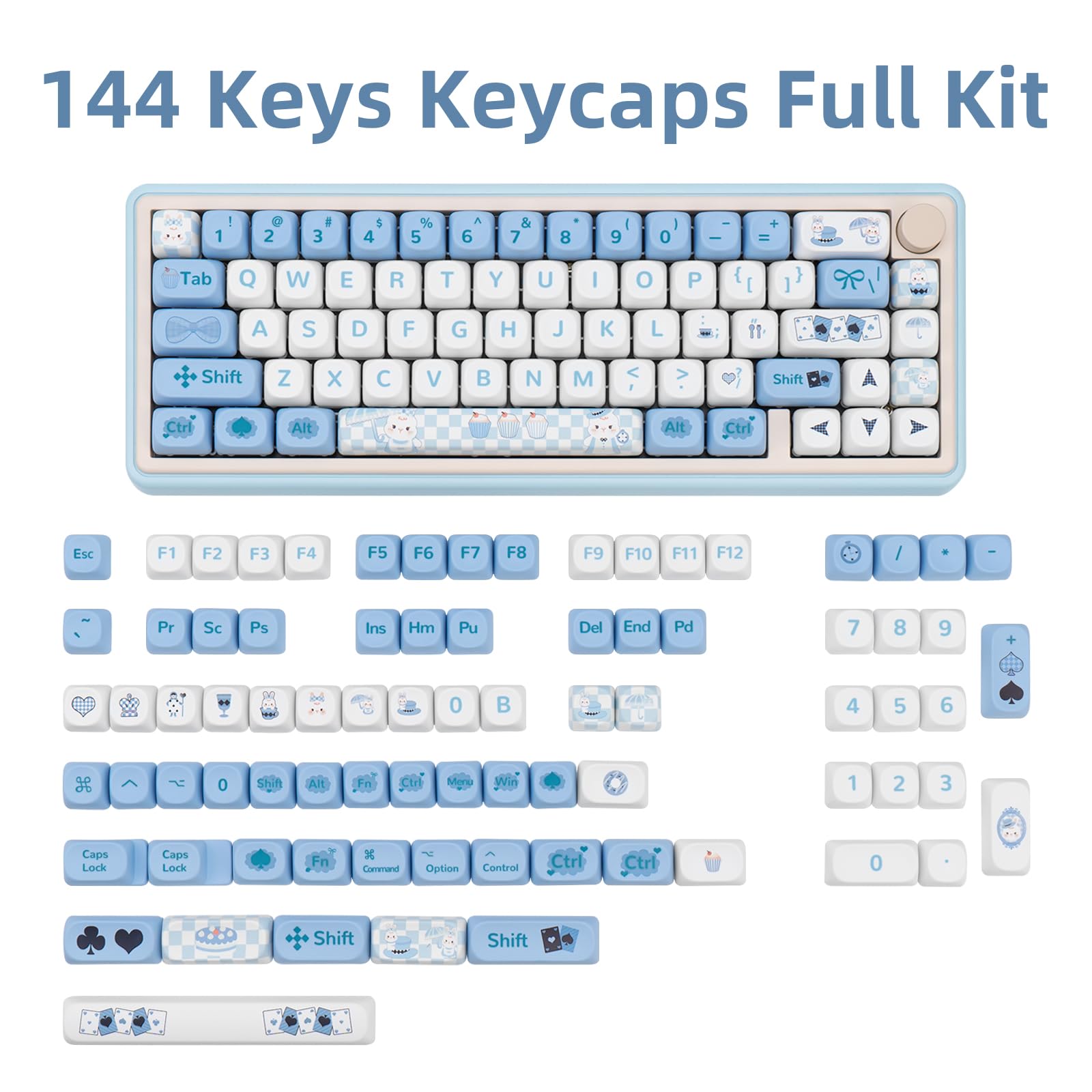 Coomickey Pbt Keycaps, 144 Key Blue Keycaps, Cute Cartoon Moa Keycaps Set, Kawaii Dye Sub Custom Keycap Set For Gateron Kailh Ch