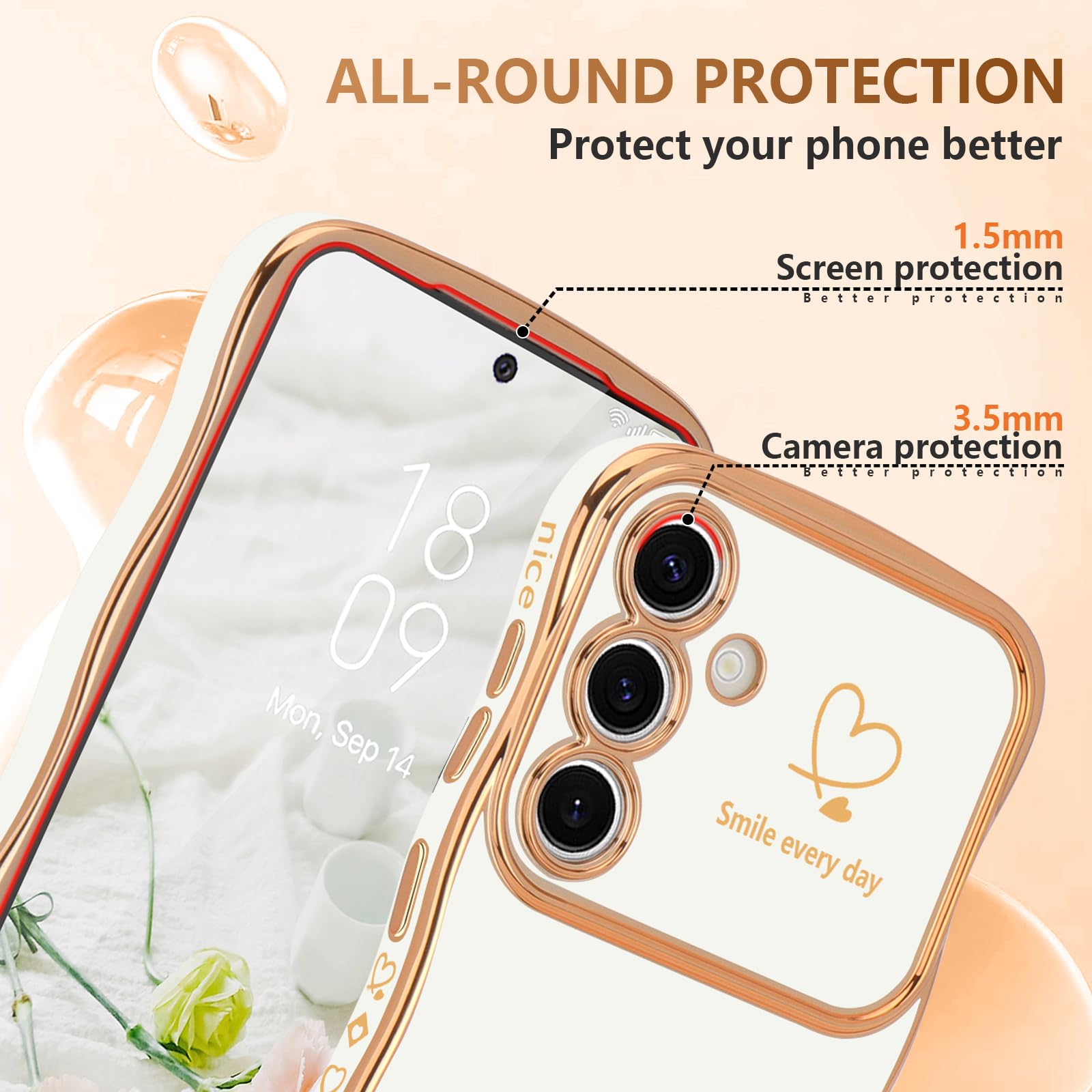 Lchulle For Samsung Galaxy S24 Plus Case For Women Girls, Cute Wave Frame Curly Shape With Love Heart Raised Camera Protection C