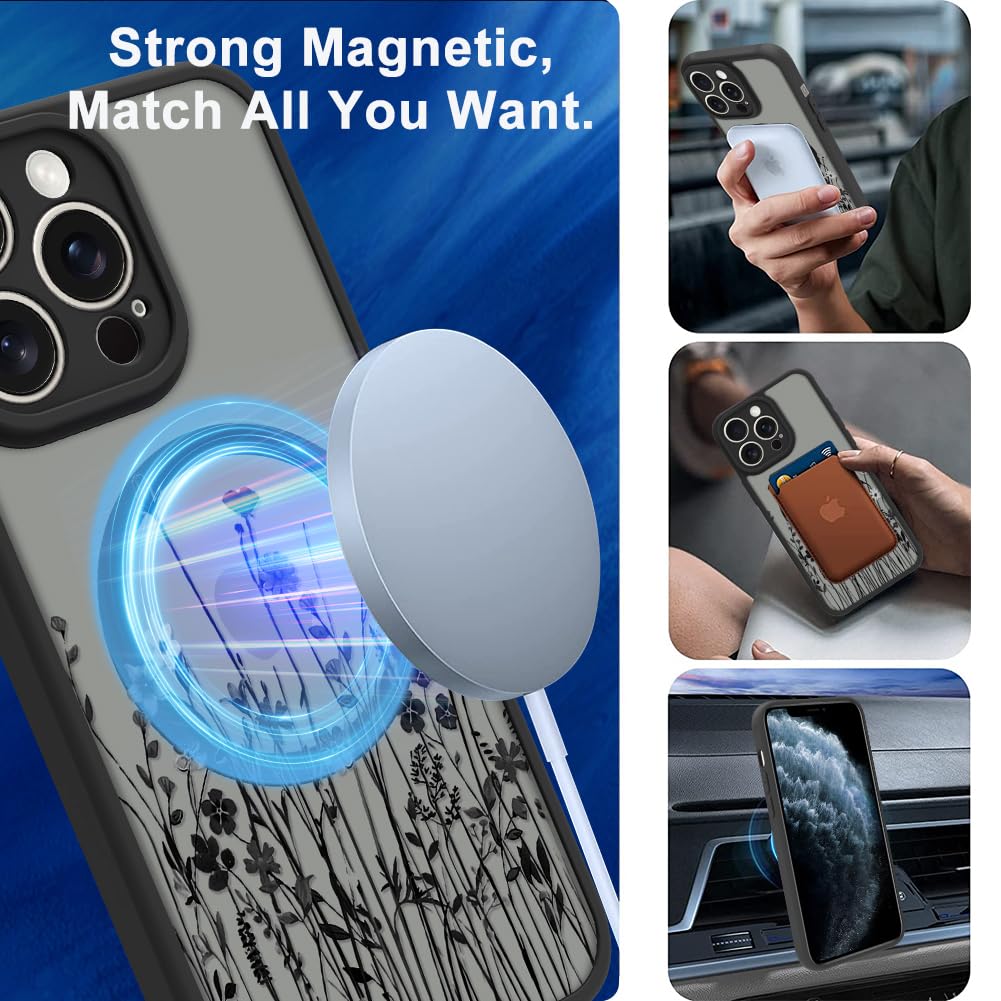 Ook Magnetic For Iphone 11 Pro Case Black Wildflower Pattern [Compatible With Magsafe] Slim Translucent Matte Camera Lens Protec