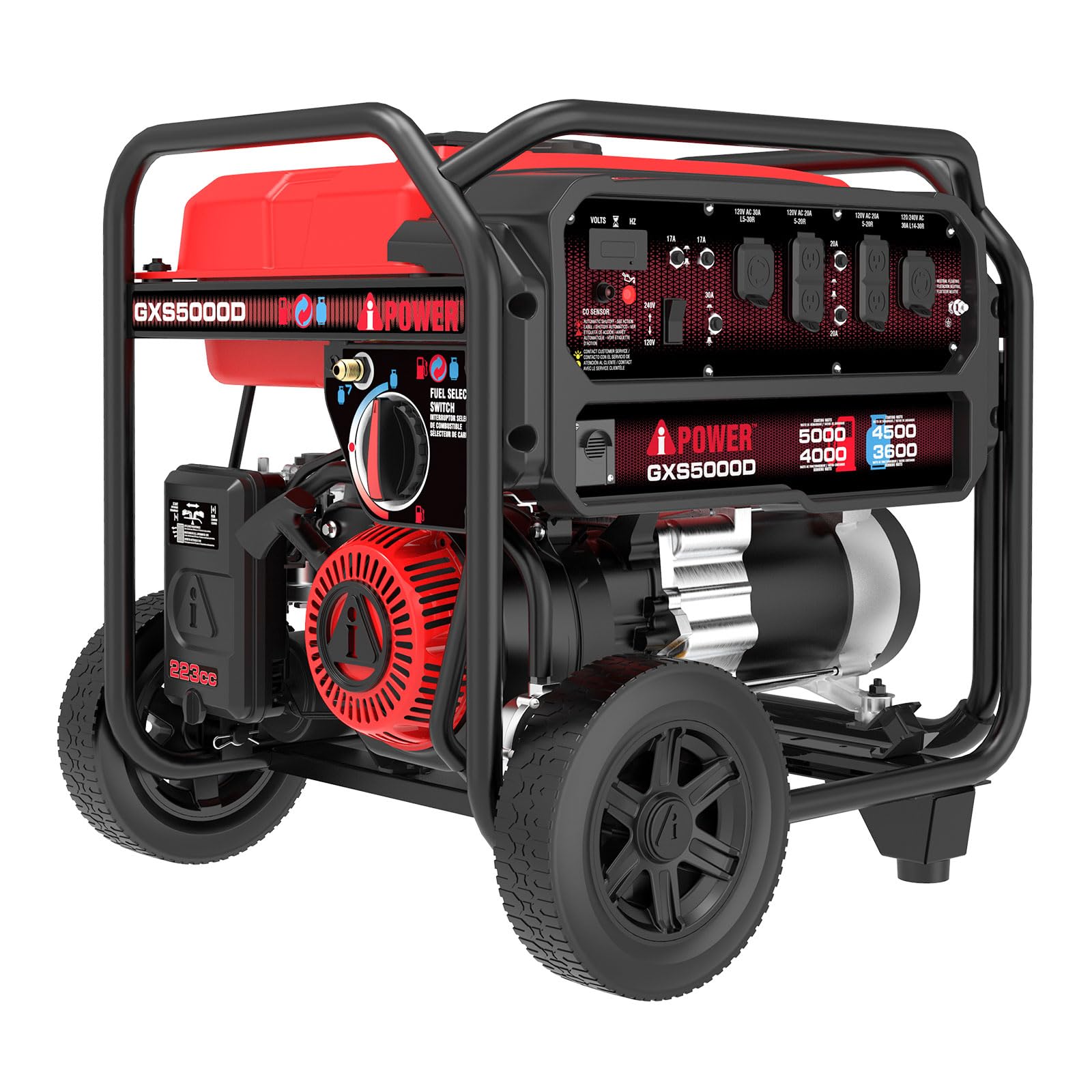 A-iPower 5000-Watt Portable Generator Gas & Propane, CO Sensor Shutdown, Heavy Duty Generators with 223cc OHV Engine for Jobsite