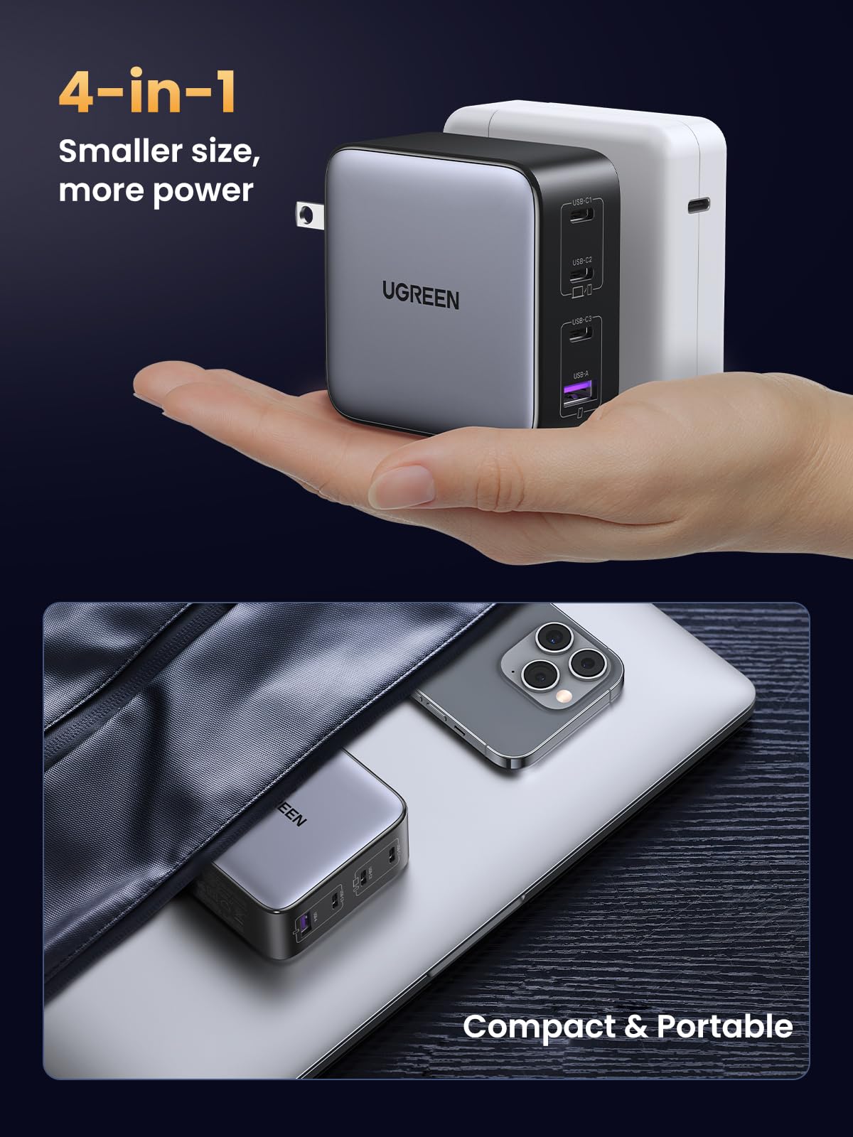 Ugreen 100W Usb C Charger, Nexode 4-Port Gan Foldable Compact Fast Wall Charger Power Adapter For Macbook Pro/Air, Ipad Pro, Iph