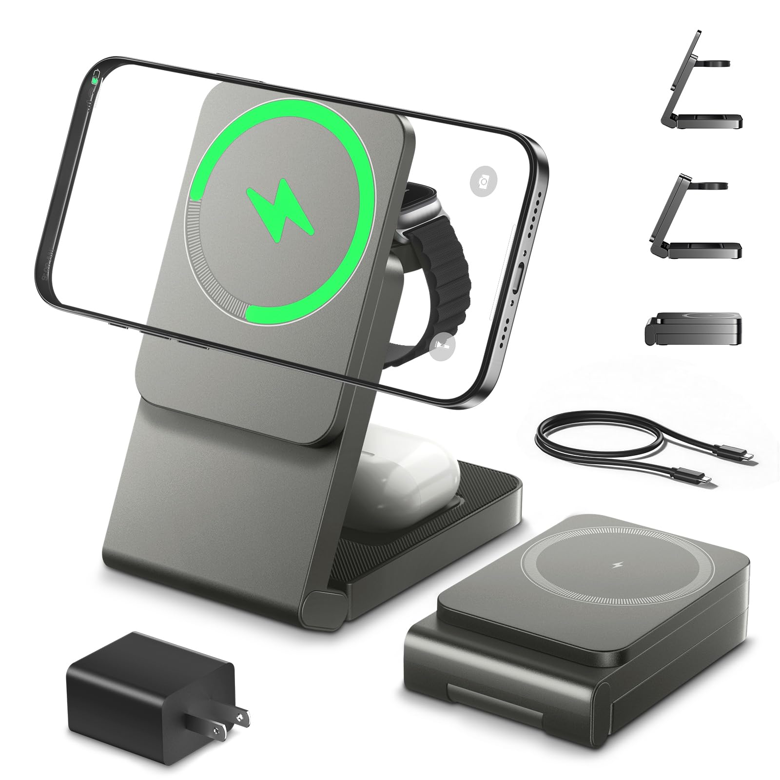 3 in 1 Wireless Charger Station for Multiple Devices, Foldable Magnetic Charging Stand, Portable Fast Travel Wireless Charger fo