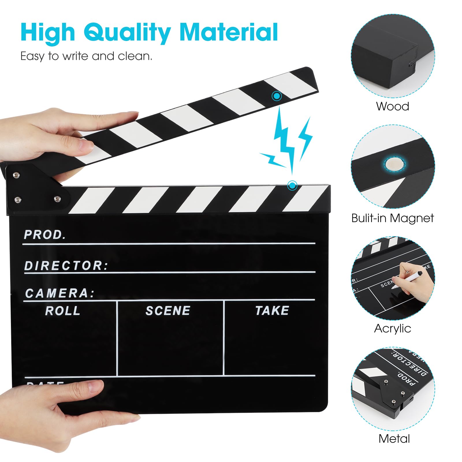 Ribvane Directors Clapboard For Film, Hollywood Slate Move Photography Video Tv Cut Action Scene Acrylic Clapper Board With A Ma