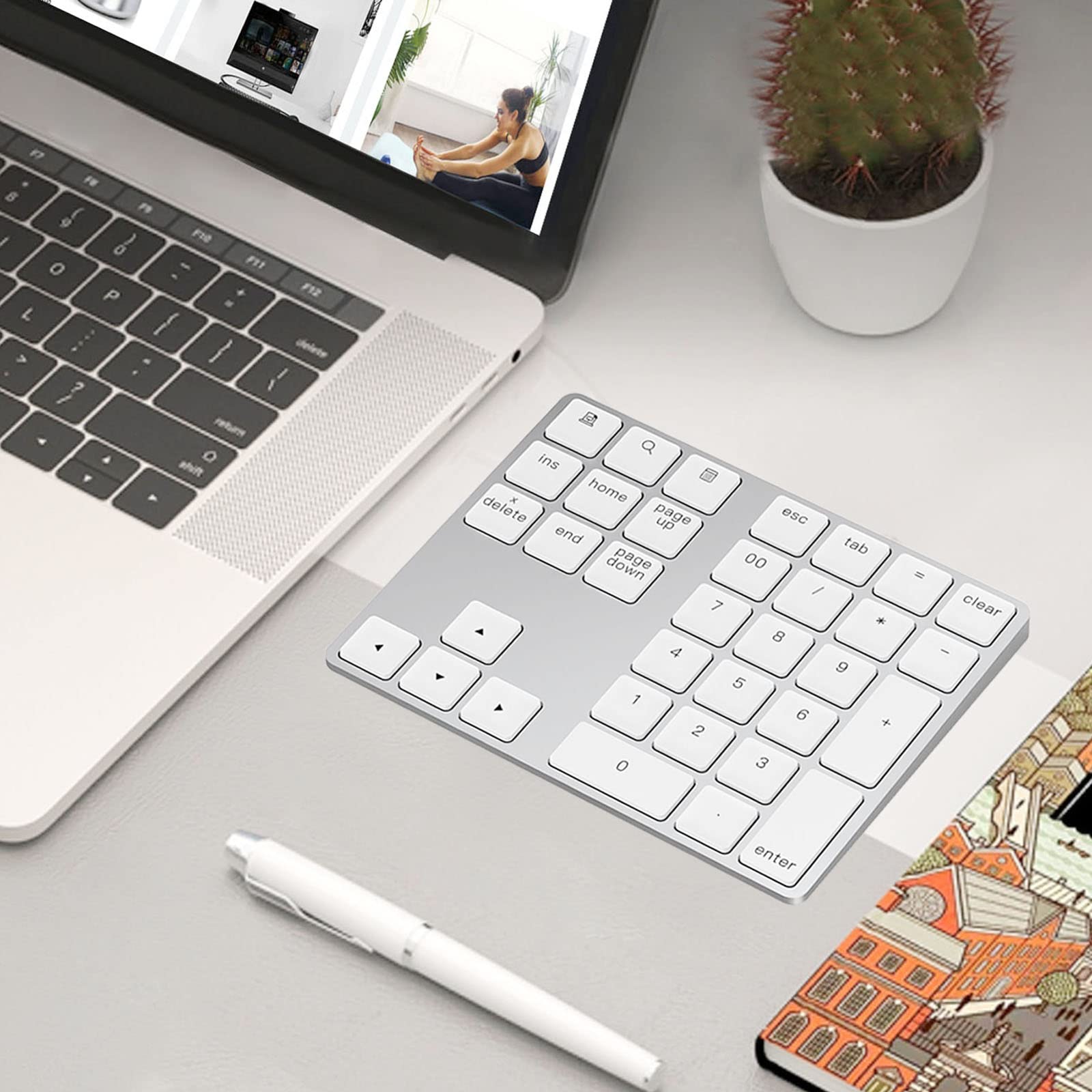 Lekvey Bluetooth Number Pad, Aluminum Rechargeable Wireless Numeric Keypad Slim 34 Keys External Numpad Keyboard Data Entry For Laptop, Macbook, Macbook Air/Pro, Imac, Windows, Surface Pro   Silver