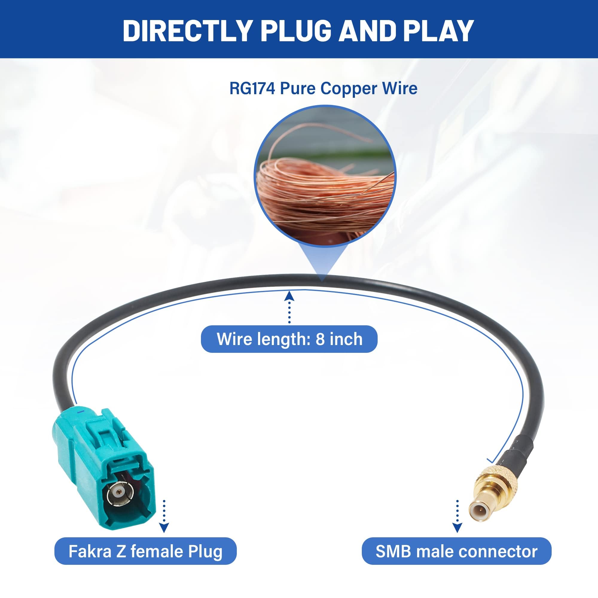 Anina 8 Inch Fakra Z Female To Smb Male Connector Adapter For Car Sirius Xm Satellite Radio Receiver Tuner To Aftermarket Xm Antenna, Coax Pigtail Cable For Vehicle Truck Gm Ford Jeep Ram Toyota