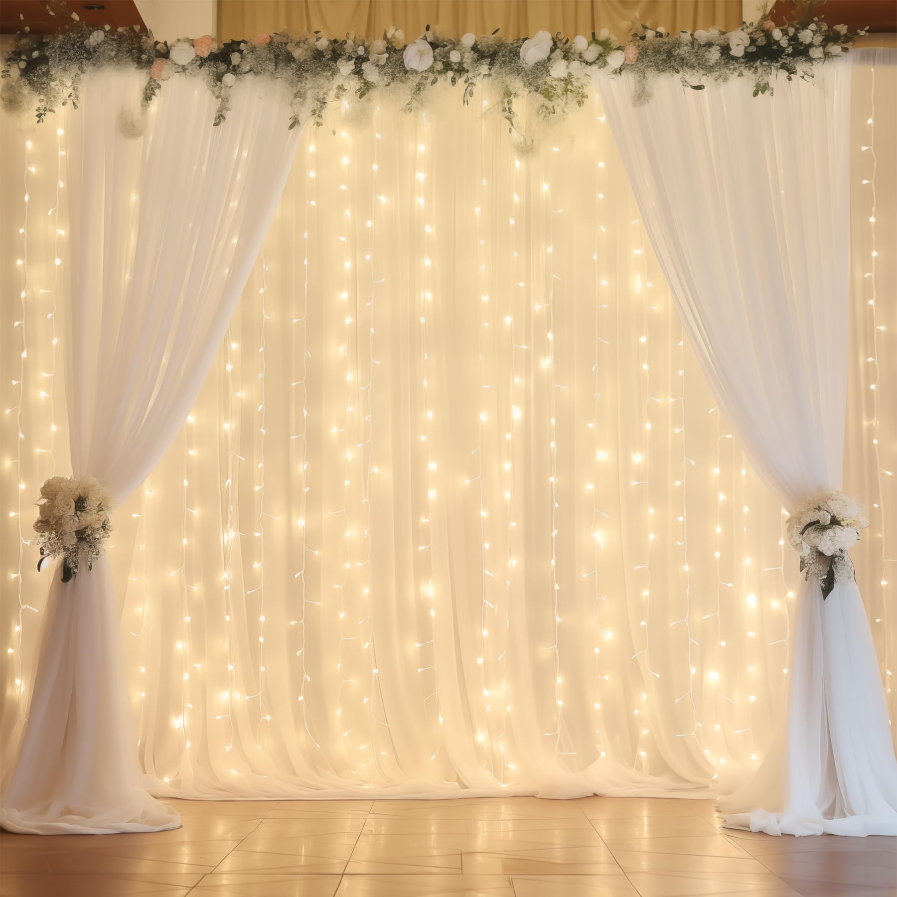 Wish Care 10Ft X 10Ft White Chiffon Backdrop Curtain With Lights String For Parites Wedding Wrinkle Free Curtain Photo Backdrops