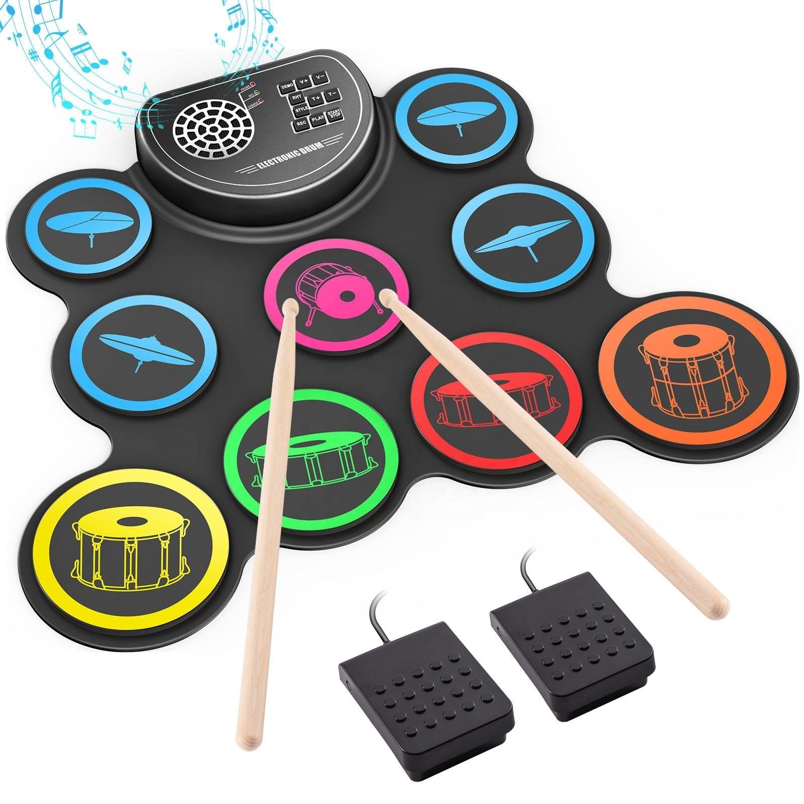Redmart Electronic Drum Mat For Kids & Beginners  9 Silicone Pads Portable Rollup Drum Set With 2 Wooden Drumsticks, Foot Peda