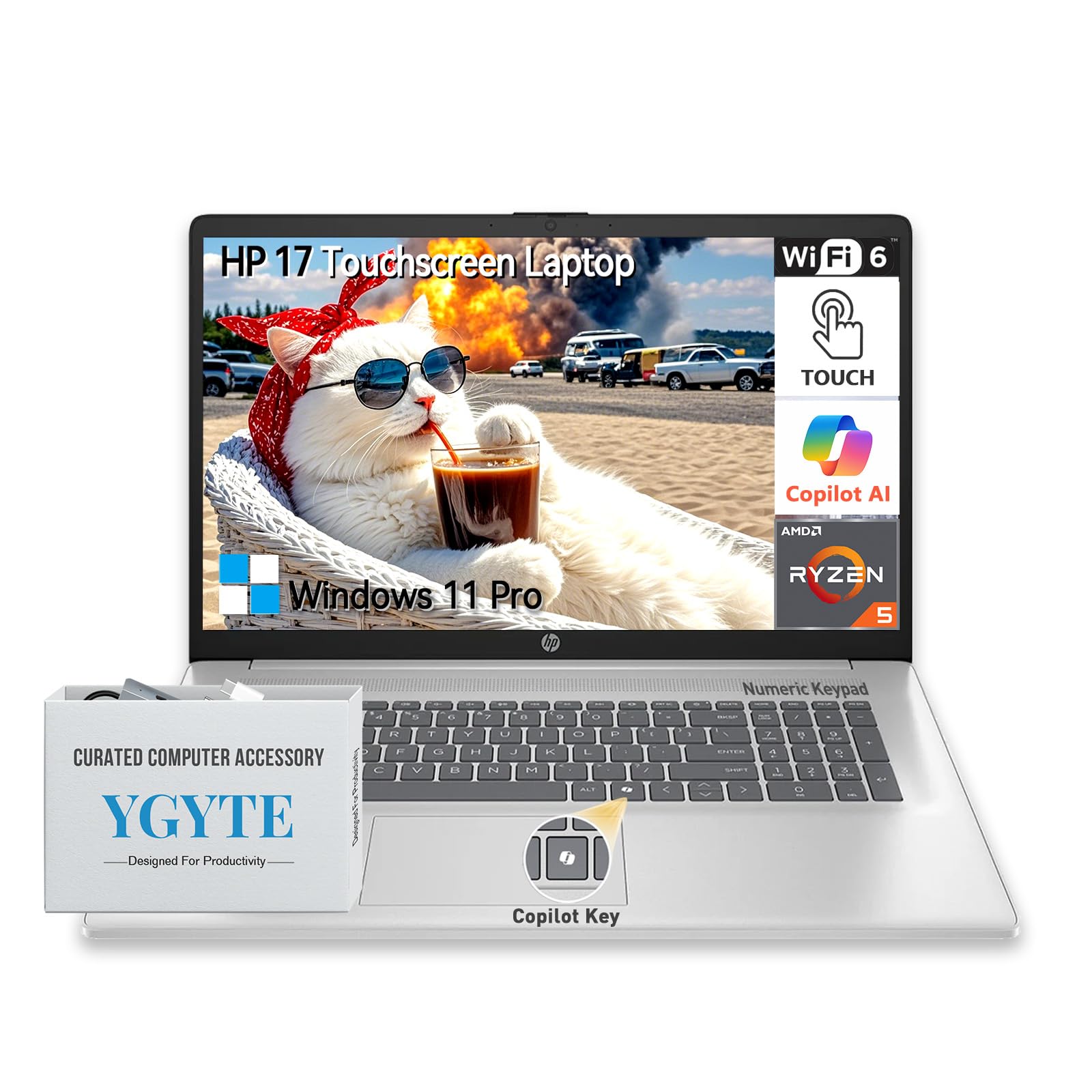 HP 17 Inch Laptop Touchscreen Computer, 17.3 HD+ Touch Screen Business Laptop, AMD Ryzen 5(6-Cores), Windows 11 Pro, 10-Key Numb