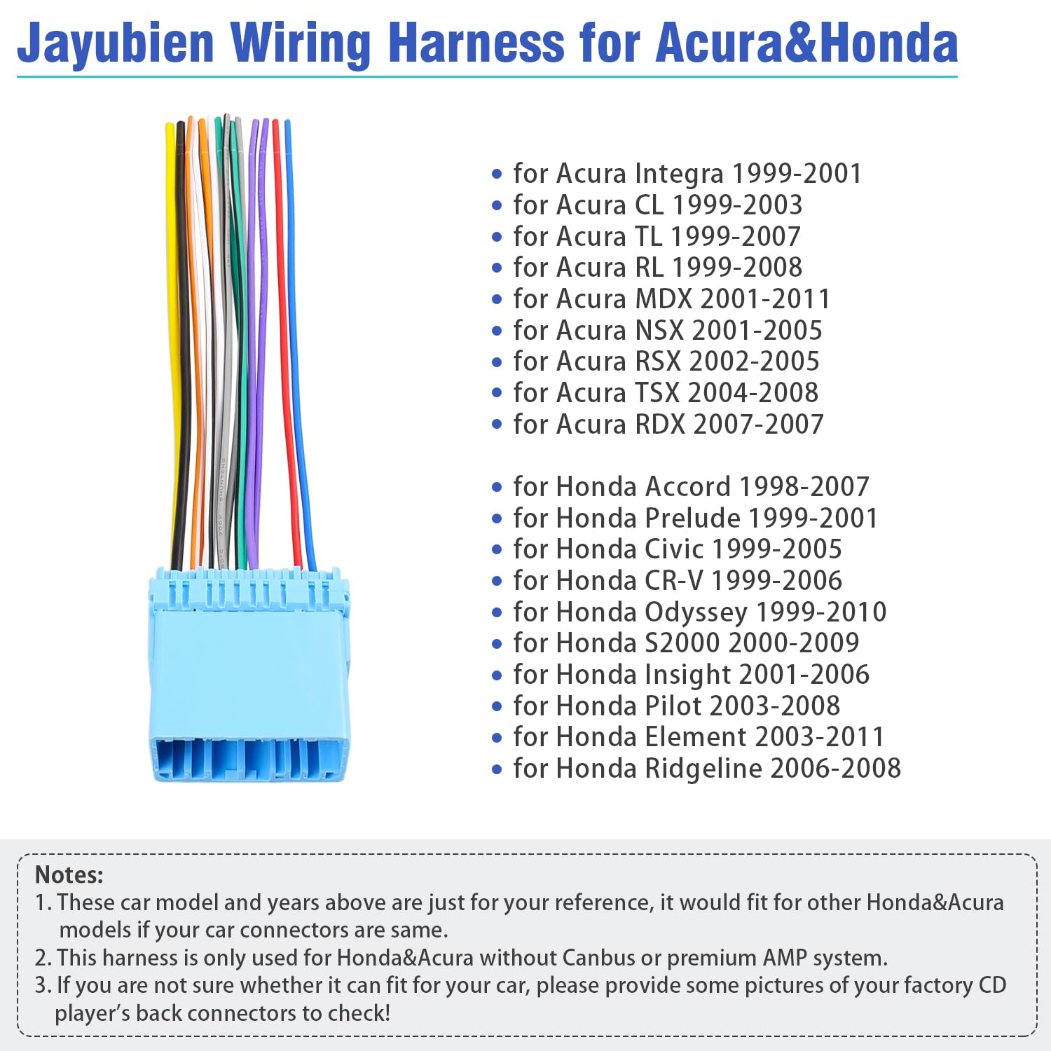 Jayubein Radio Wiring Harness Connector Compatible With Honda Accord Civic Crv Odyssey Element Pilot S2000 Ridgeline,20Pin Car S