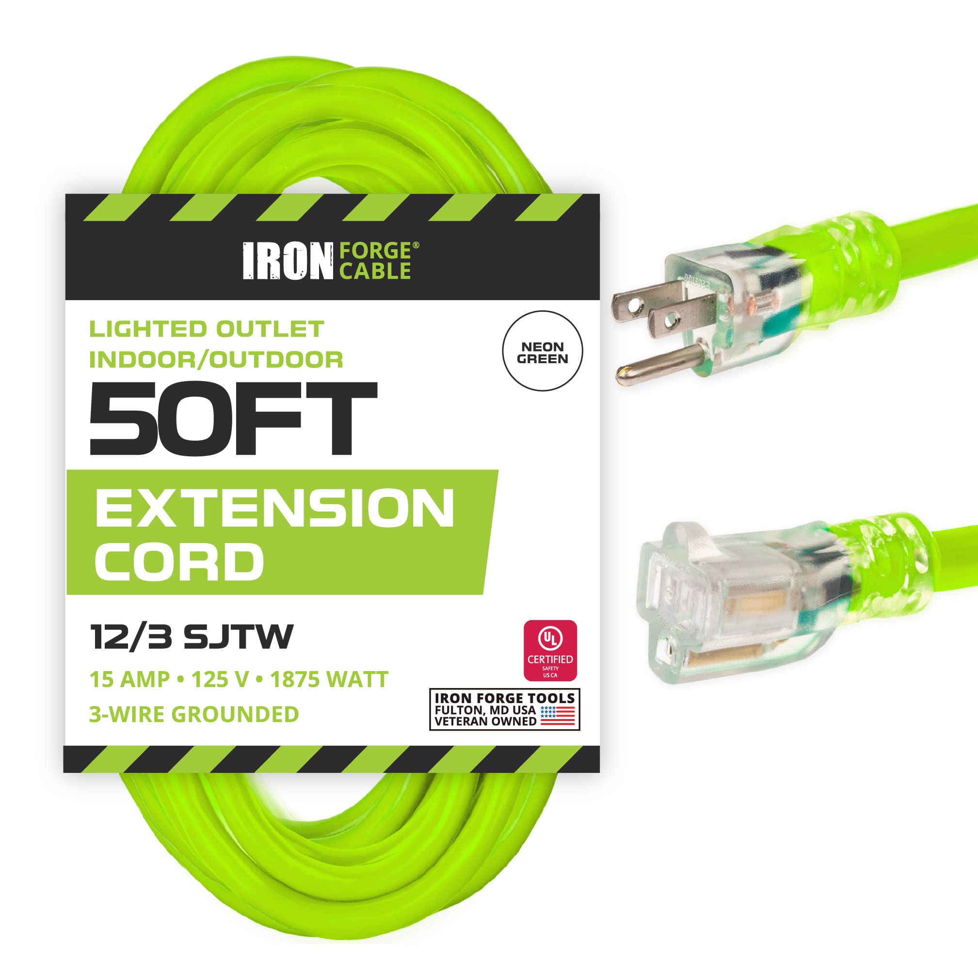 Iron Forge Cable 12 Gauge Extension Cord 50 Ft, 12/3 Sjtw 50 Foot Heavy Duty Extension Cord Outdoor 3 Prong, Weatherproof Outdoo