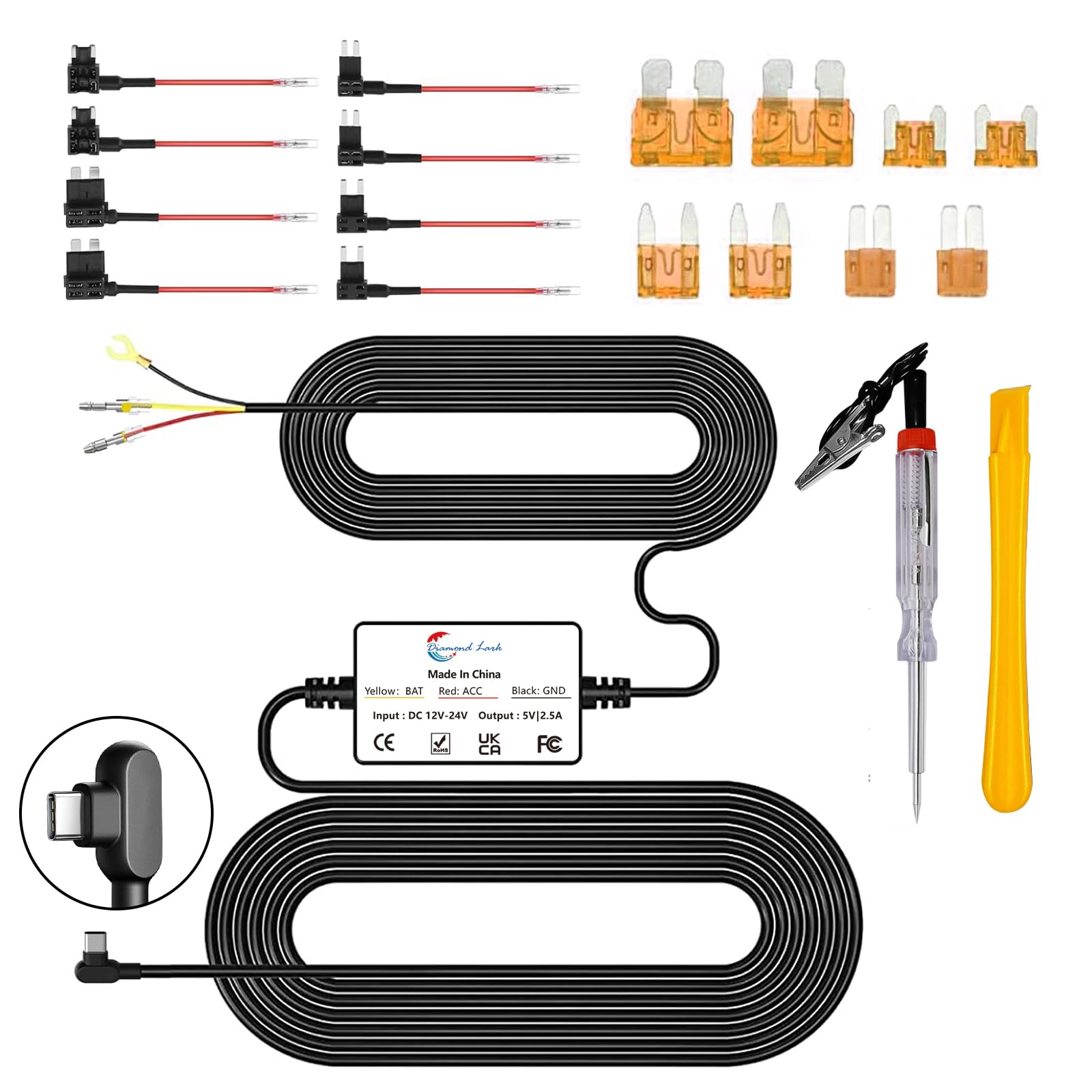Diamond Lark Dash Cam Hardwire Kit, Converts 12V 24V To 5V Type C Usb Hardwire Kit For Dash Camera, Supports 24 Hour Parking Mon
