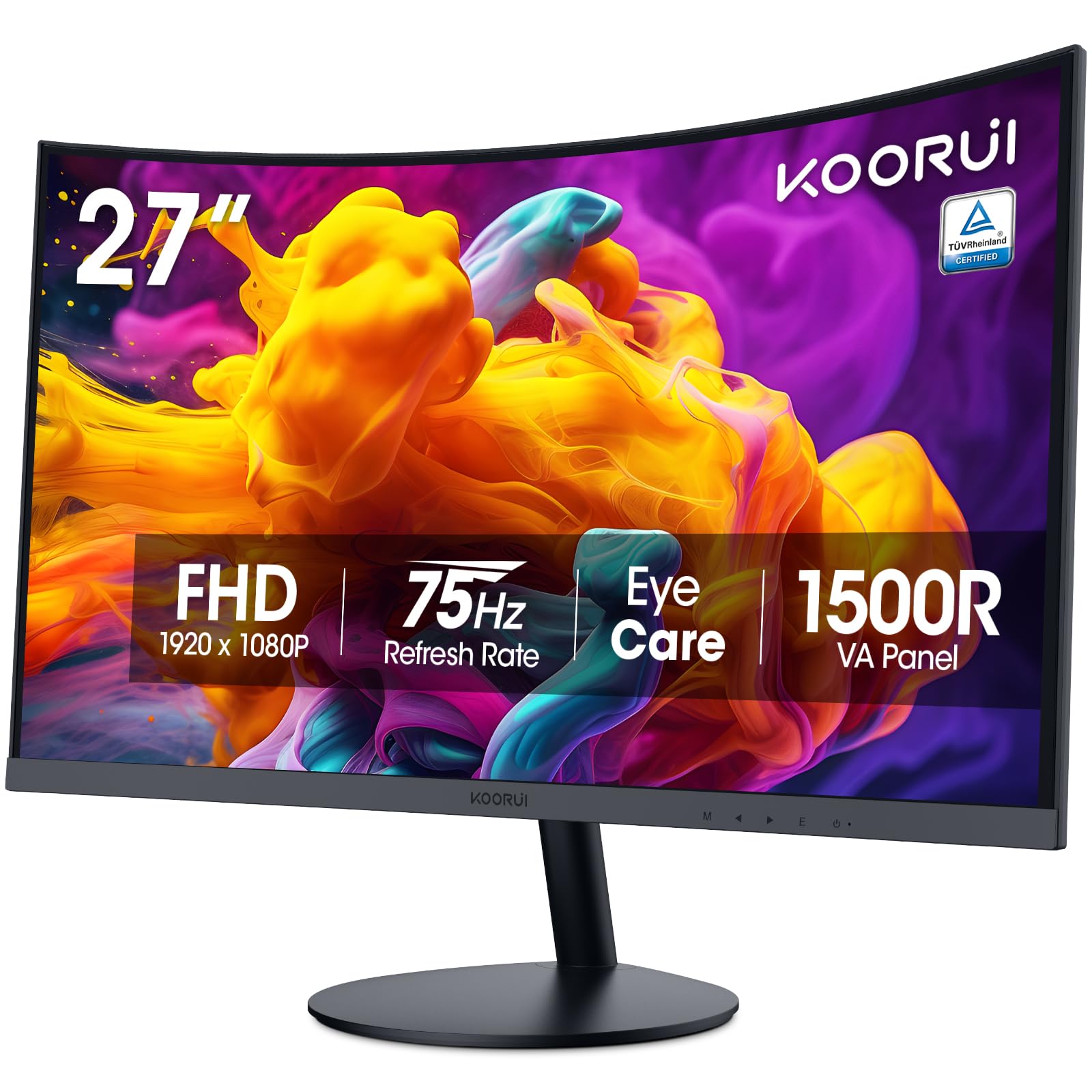 KOORUI 27 Inch Curved Monitor FHD 1080P 75Hz Computer Monitors, 1500R PC Screen with HDMI VGA, TV Rheinland Certified, Tilt Adju