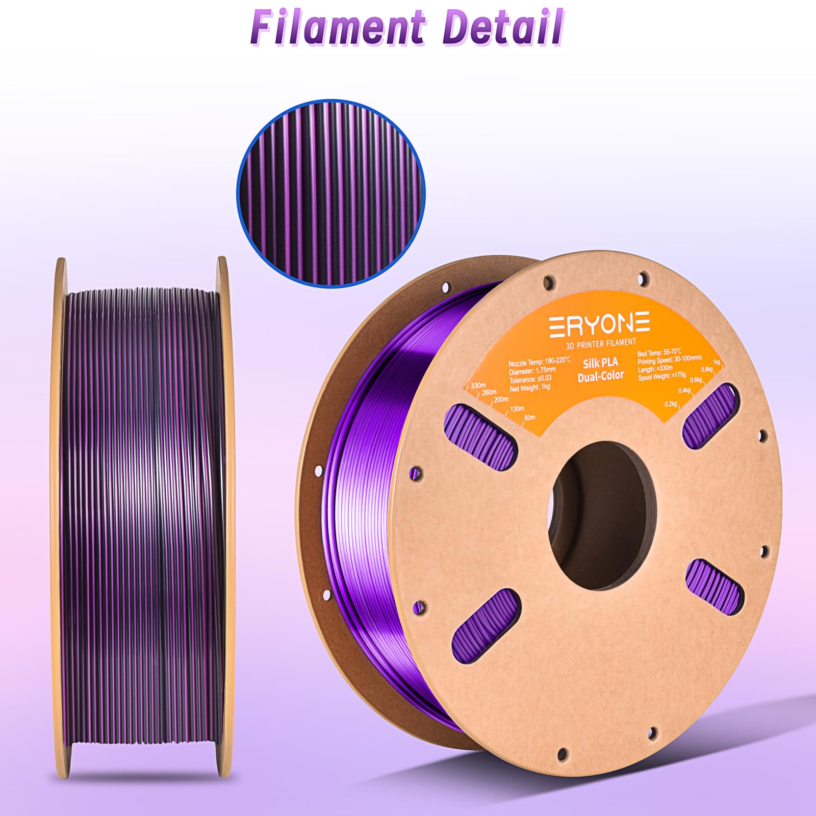 Eryone Silk Dual Color Pla Filament 3D Printer 1.75Mm +/  0.03Mm, Bicolor Filament Two Tone Pla Bundle 2Kg Cardboard Spool, Blac