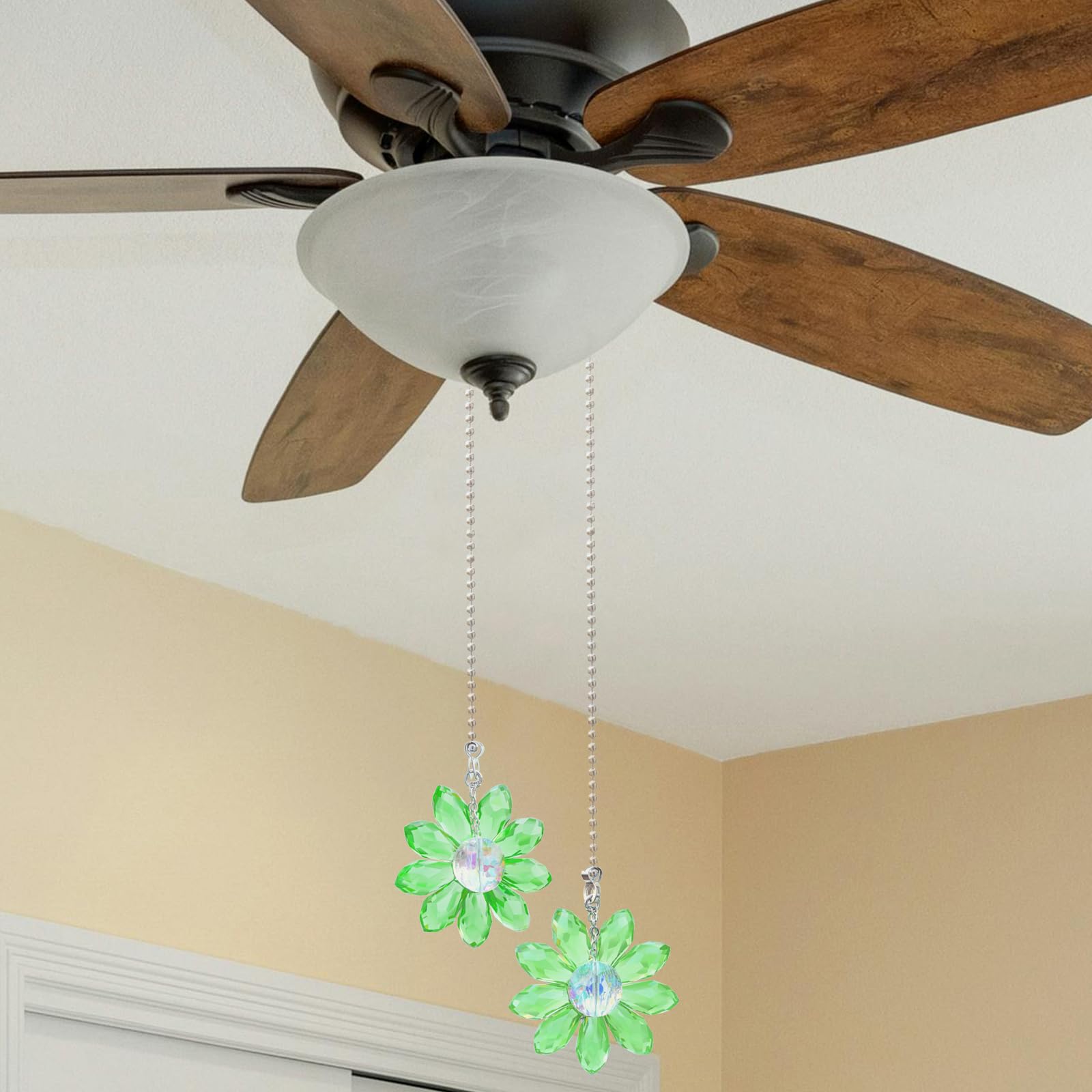 Lefers Ceiling Fan Pull Chain, 2 Pieces 1.8'' Crystal Glass Flower Pendants With 24'' Ceiling Fan Chain Extender And Connector (