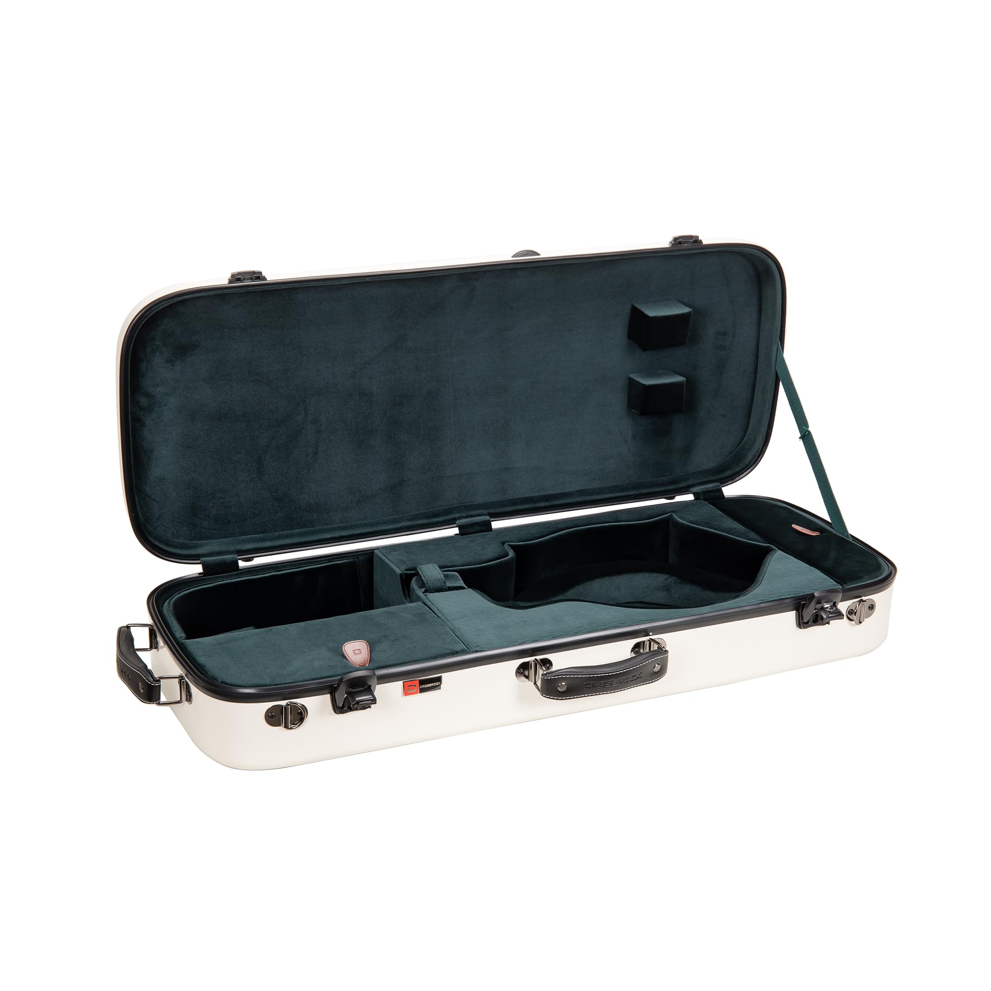 Crossrock Fiberglass Mandolin Case - Oblong For F-Style (Fits Gibson F5) | Milky White Gloss Finish, Forest Green Velvet, Tsa Lo