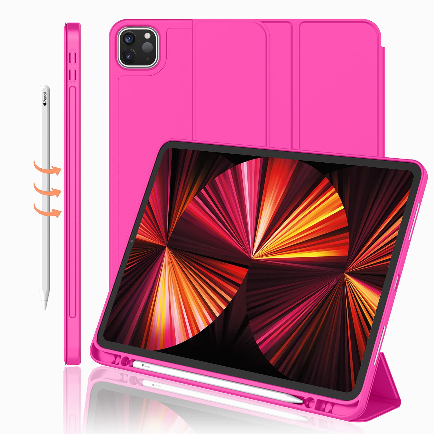 Imieet New Ipad Pro 11 Inch Case 2022(4Th Gen)/ 2021(3Rd Gen) With Pencil Holder [Support Ipad 2Nd Pencil Charging/Pair],Trifold Stand Smart Case With Soft Tpu Back,Auto Wake/Sleep(Rose Red)