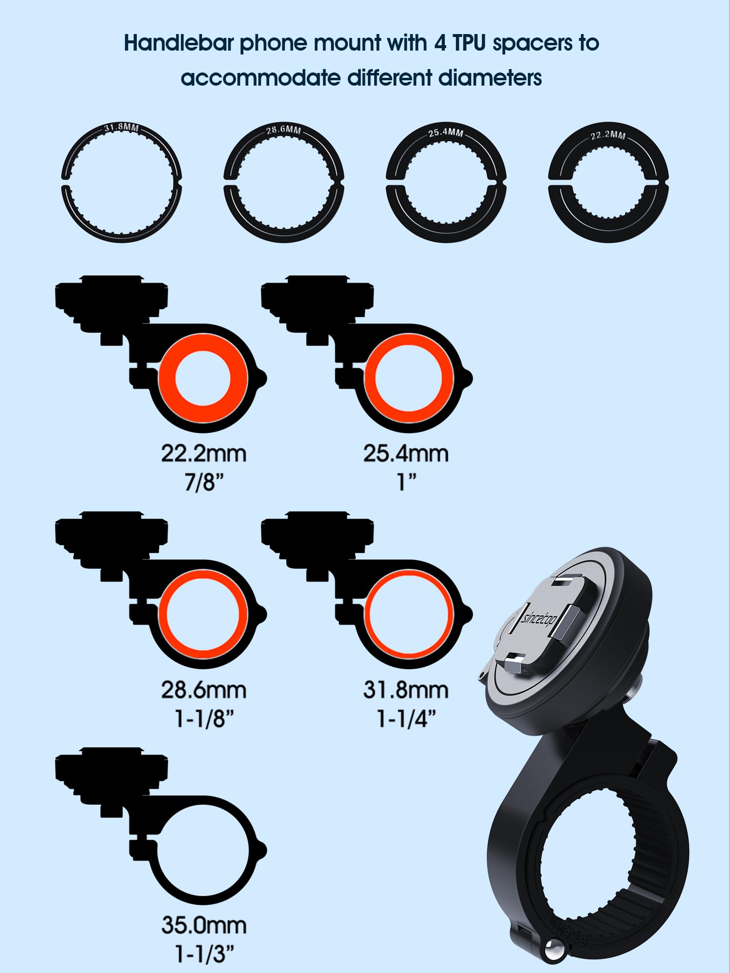 Sincetop Bike/Motorcycle Phone Mount - Series Q [ Quad ] - Quick Lock & Release - Aluminum Bicycle Handlebar Phone Holder - Comp