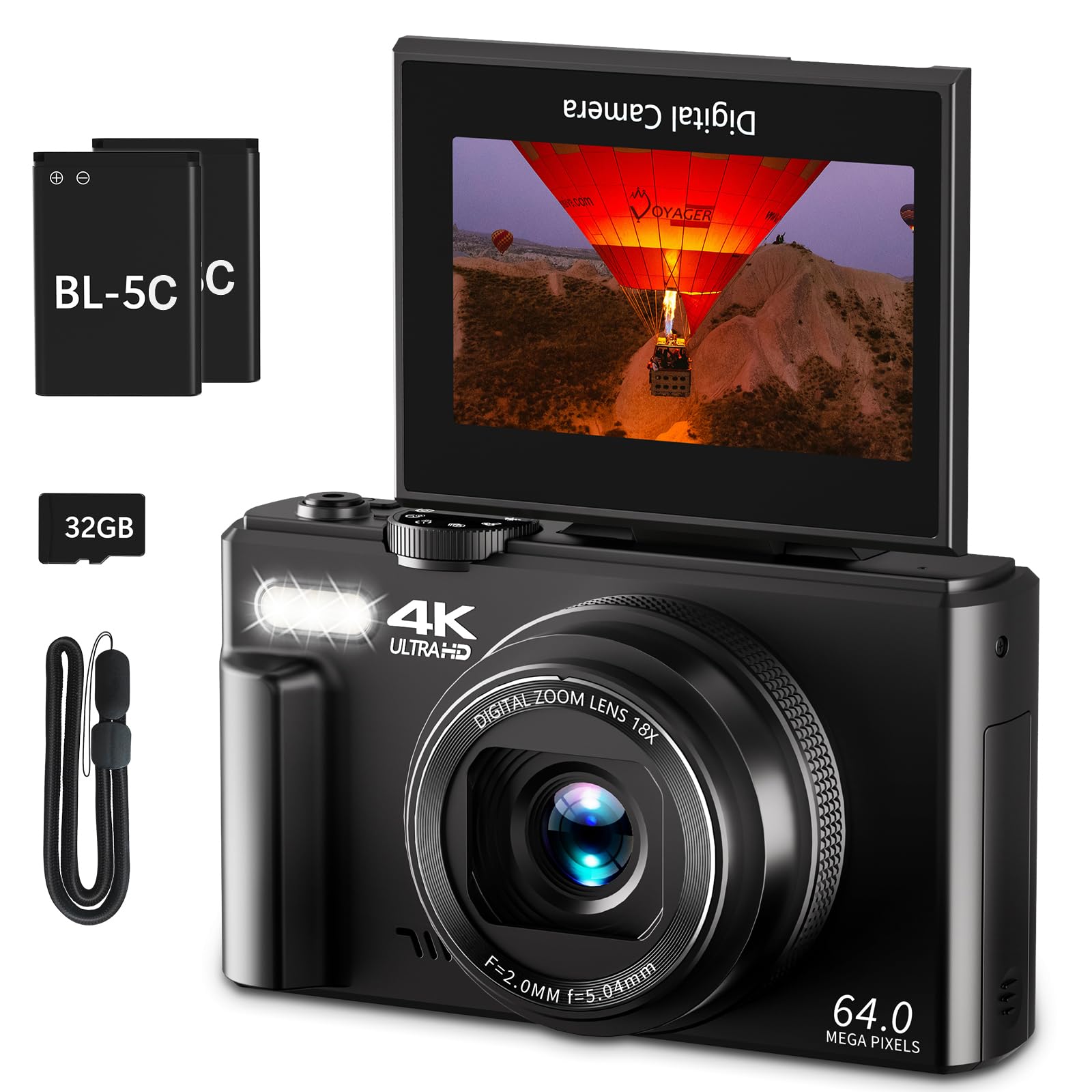 4K Digital Camera for Photography  64MP Vlogging Camera for YouTube with 3  180 Flip Screen  18X Digital Zoom Point and Shoot Camara with 32GB Micro SD Card for Beginner (Black)-New
