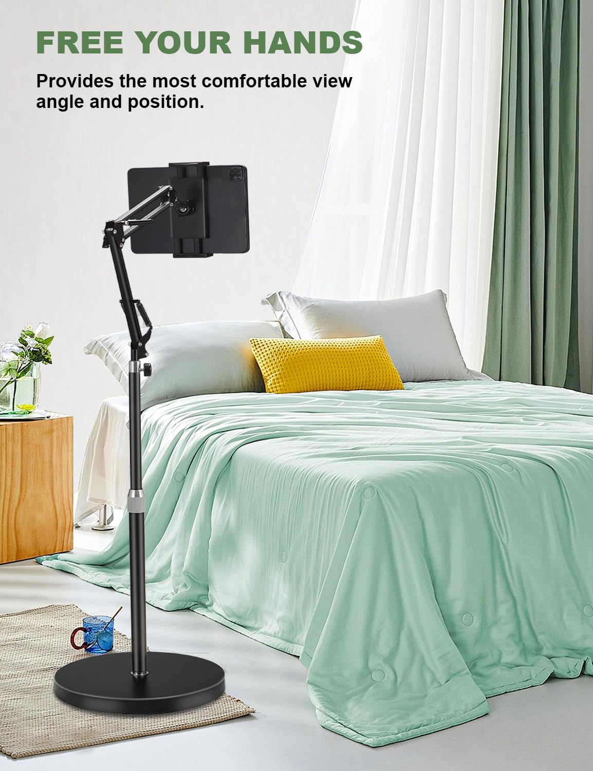 Tablet Floor Stand, Overhead Bed Phone Stand Angle/Height Adjustable &12 Lb Super Stable Base, E Books Stand Compatible With Iph