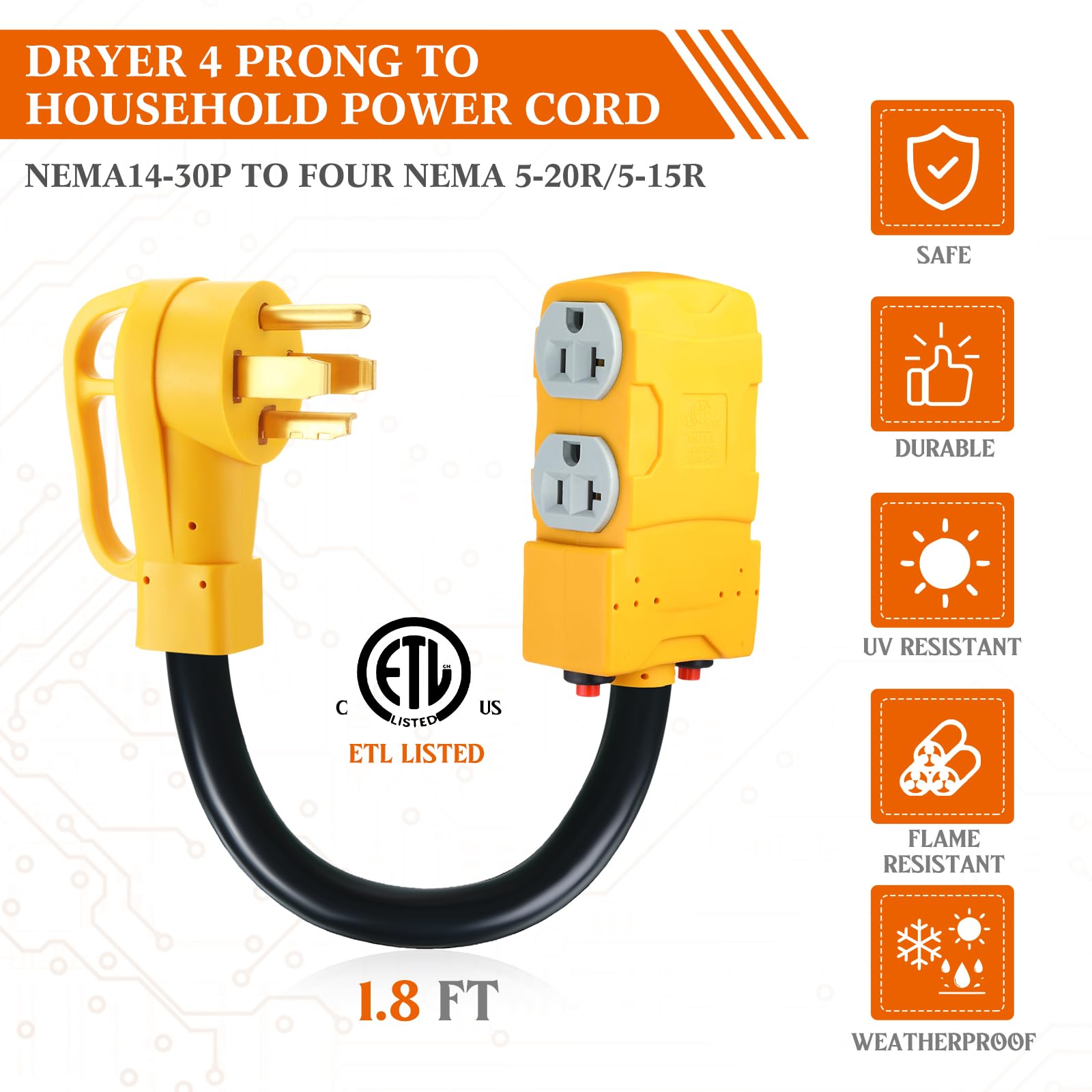 Kanayu 1.8 Ft 30 Amp To 20 Amp 110V Dryer Distribution Adapter Compatible With Nema 14 30P To Nema 4X 5 20R/ 5 15R, 4 Prong Drye