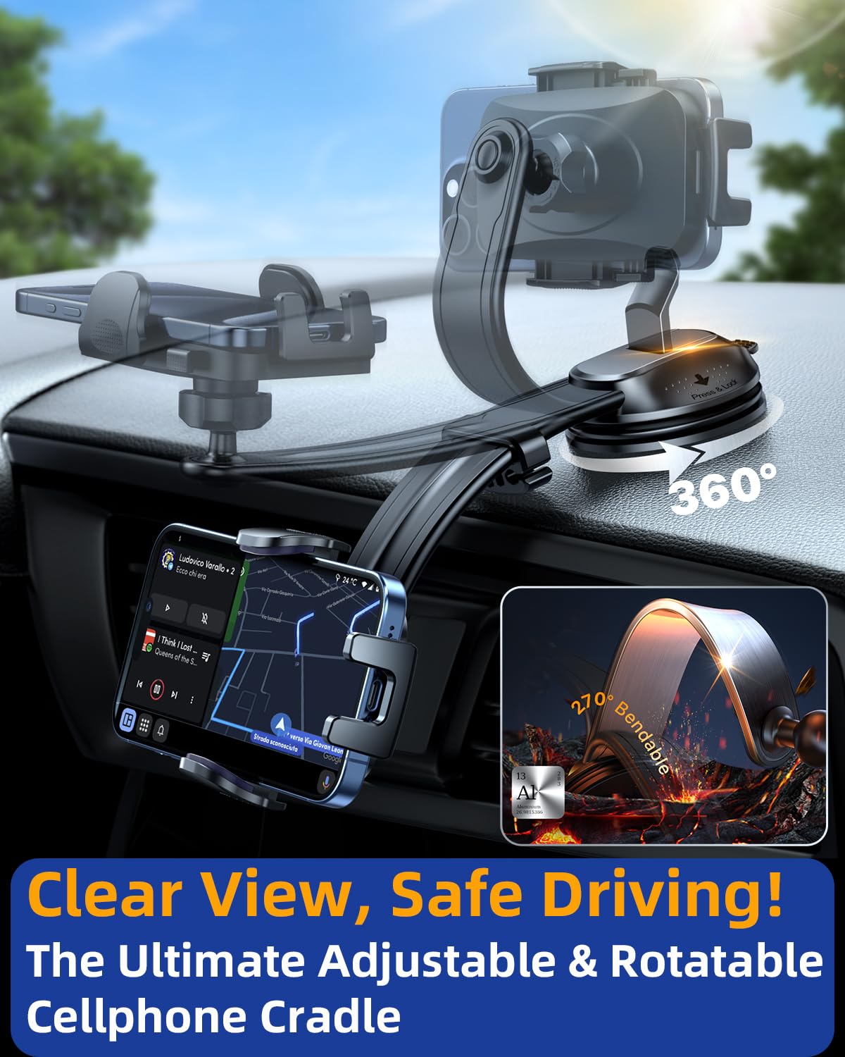 Yru [2025 Ultimate Car Phone Holder Mount [Bendable & Adjustable Aluminum Arm] Cell Phone Holder For Car Dashboard Windshield Ph