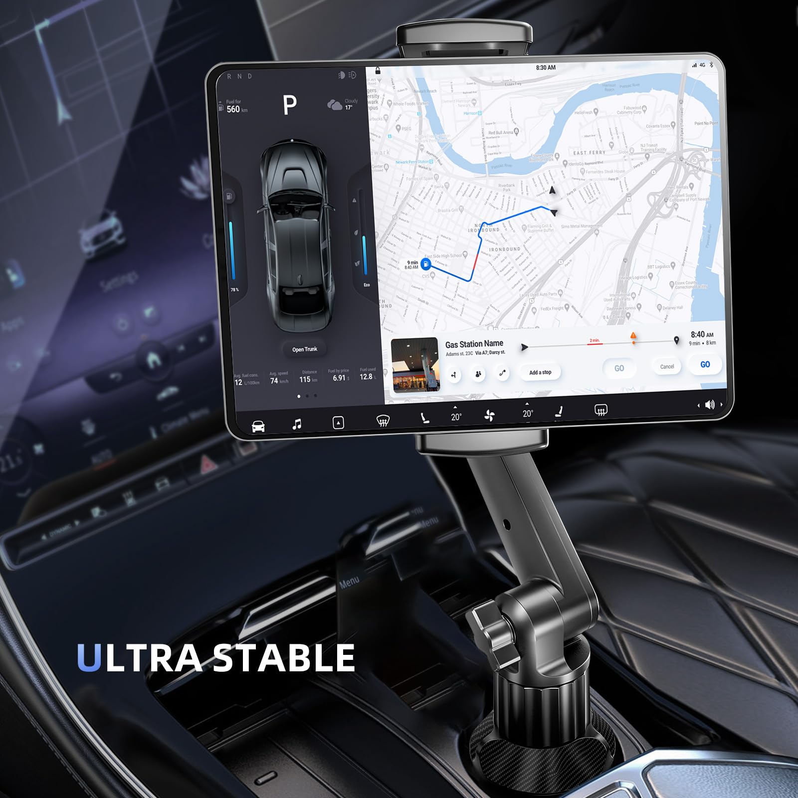 Tablet Holder Mount For Car Cup Holder, 15'' Long 2 Stage 360 Stand With 1.57'' Depth Large Clamp For Ipad Pro 12.9/11/10.5/9.7/