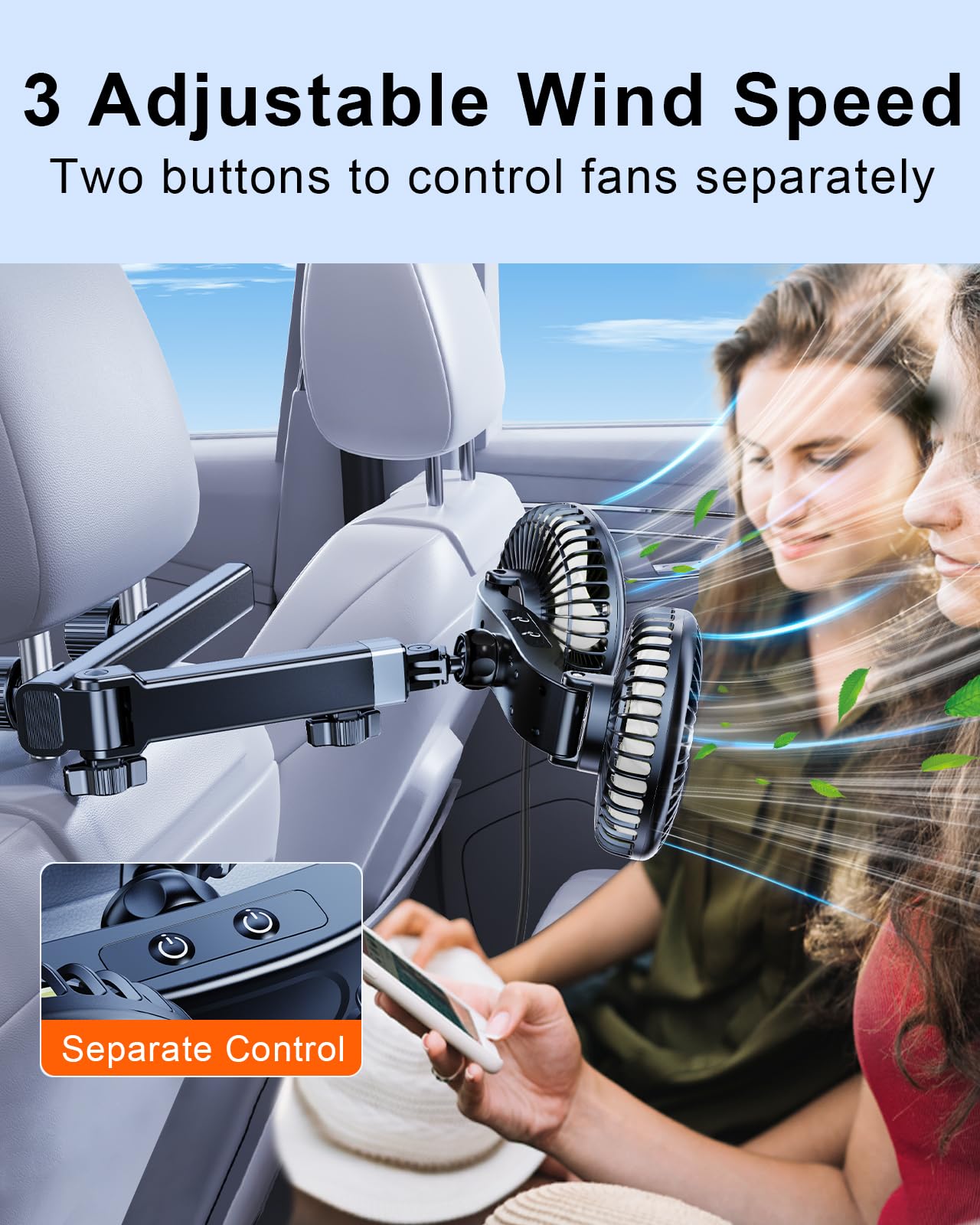 Nauttxon Car Fan For Backseat Kids With Retractable Long Arm, [Comes With Car Charger & Usb C Cable*1] 360Rotatable 3 Speeds Sep