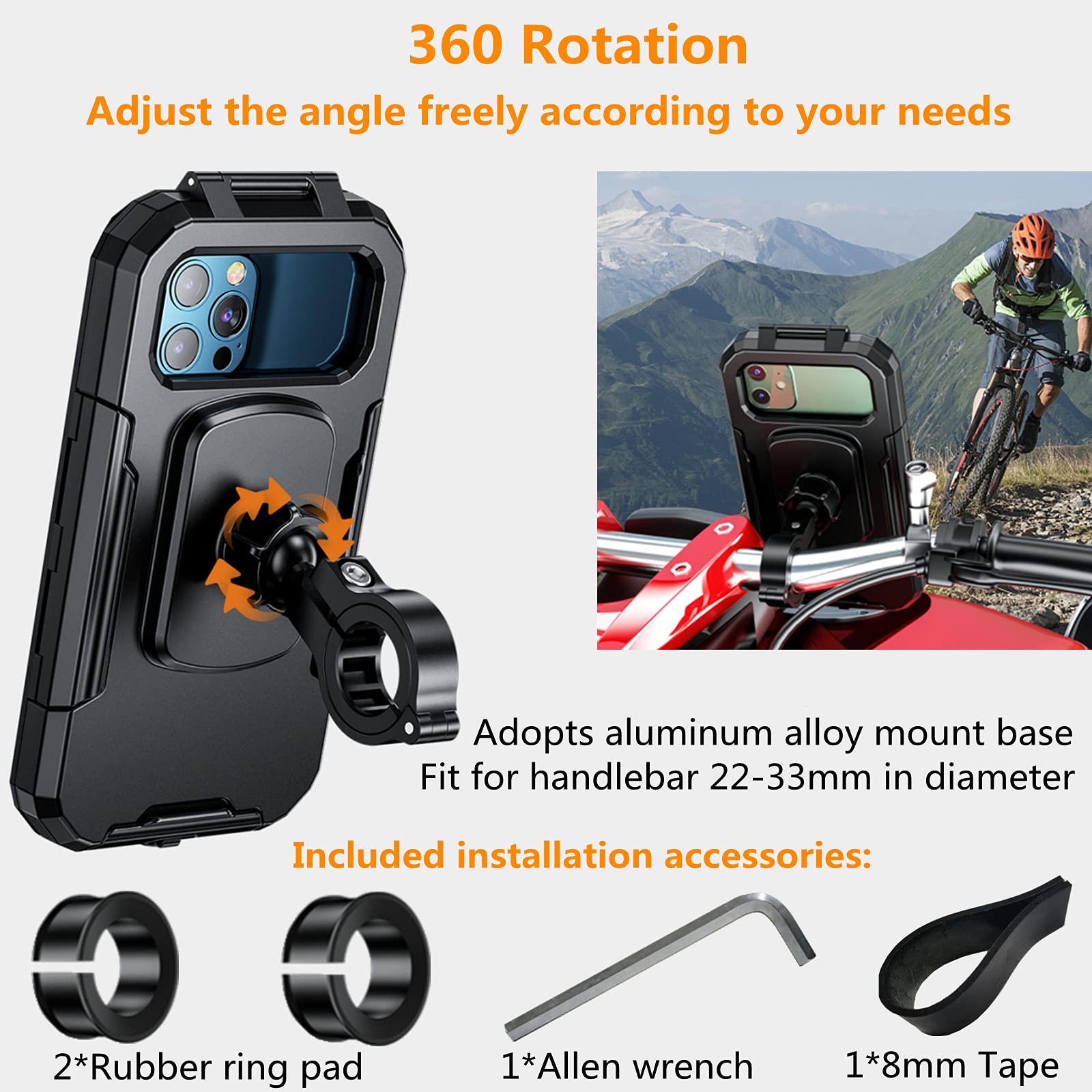 Kewig Bike Phone Mount Waterproof, Motorcycle Phone Mount With Aluminum Alloy Handlebar Mount Base & Touch Screen, 360 Rotation