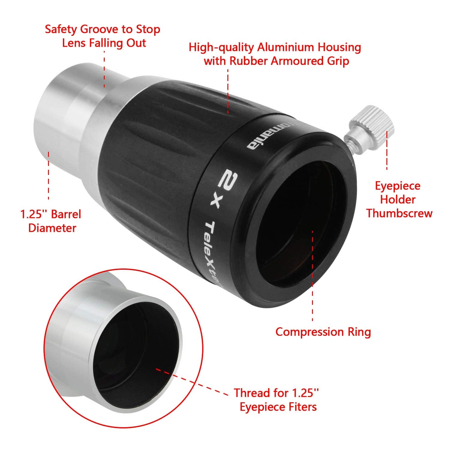 Astromania 1.25'' 3 Elements 2X Telextender Premium Barlow Lens   Apochromatic Barlow Lens Giving An Excellent Image