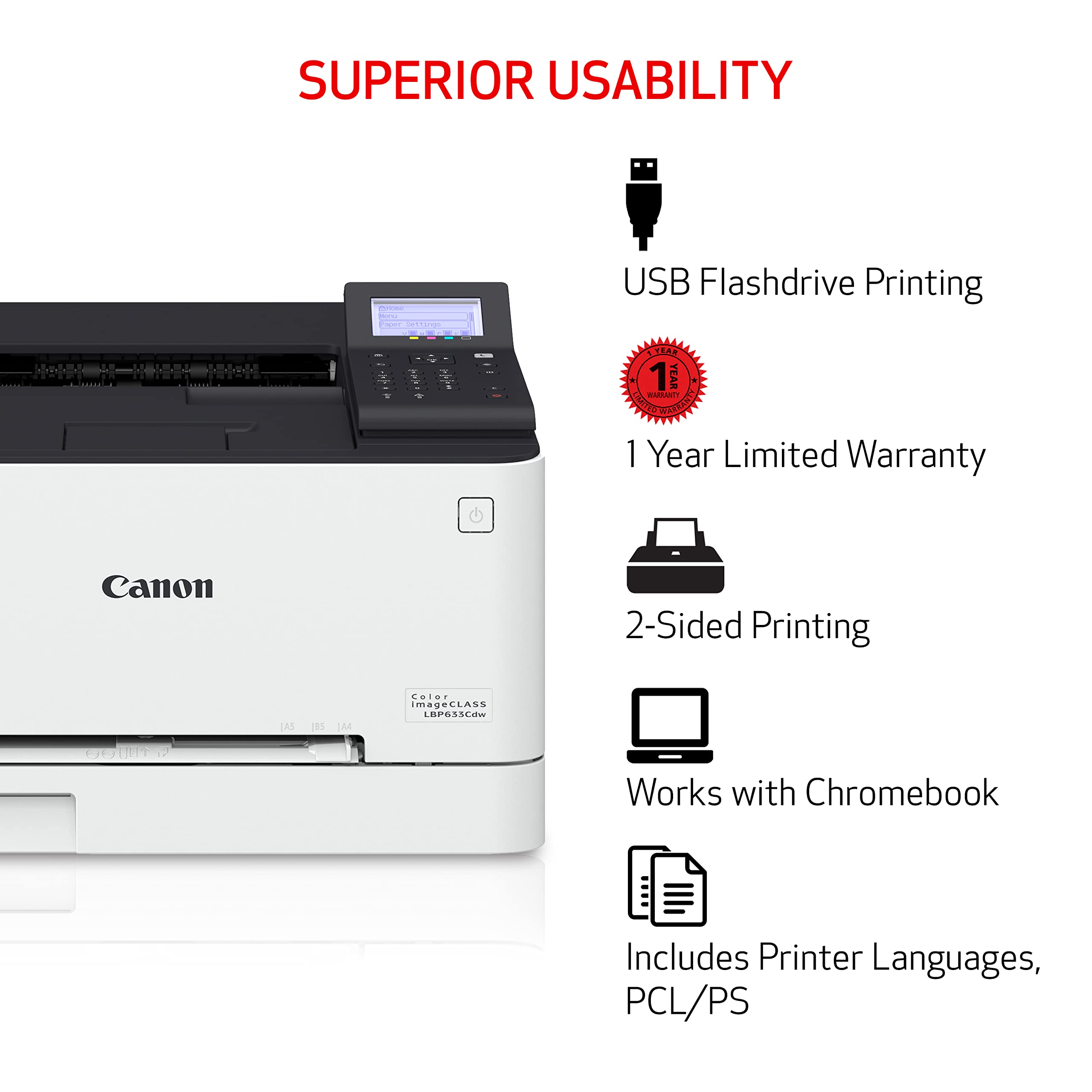 Canon Color Imageclass Lbp633Cdw   Wireless Duplex Laser Printer, Single Function, Home Office, Mobile Ready, 1 Year Limited War